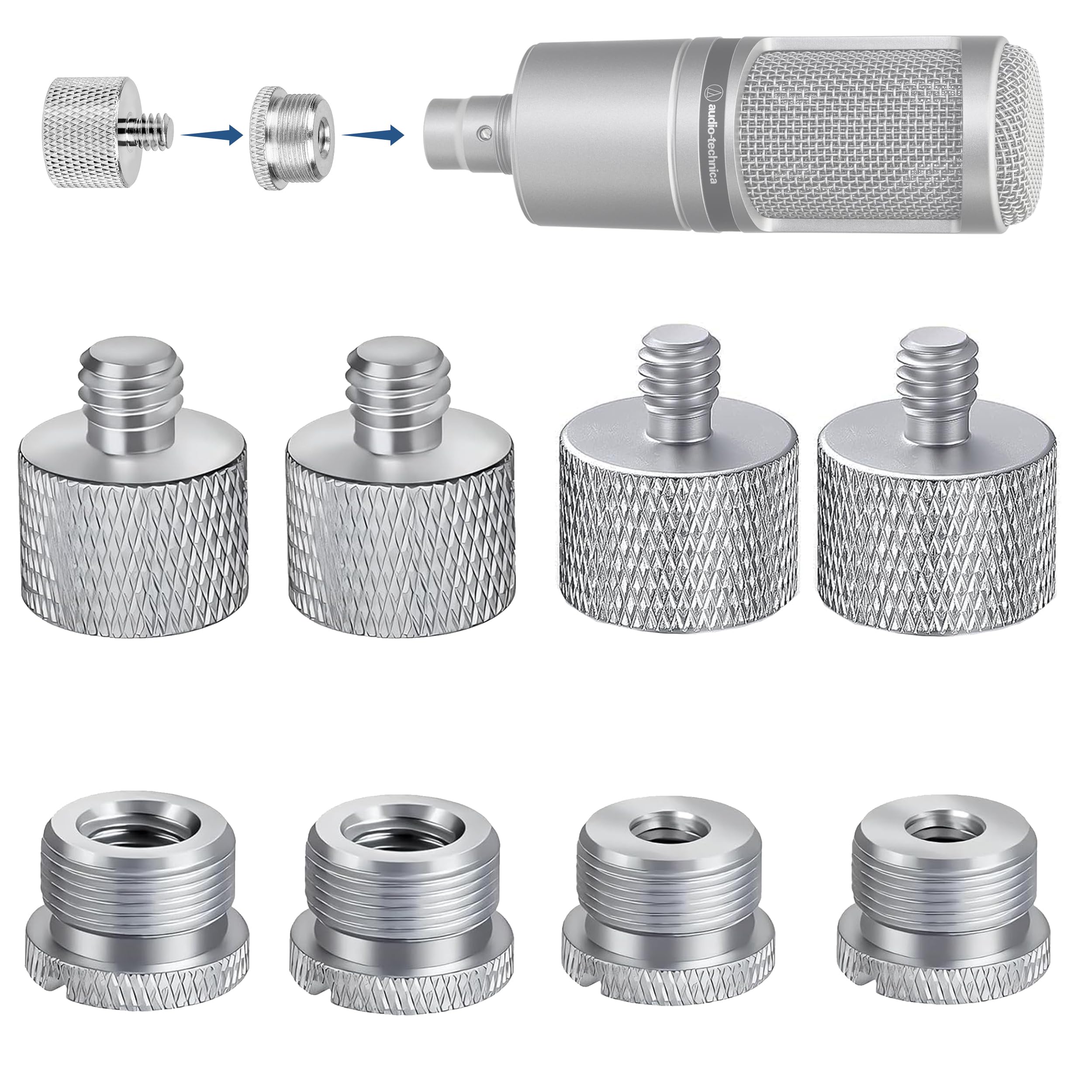IXTECH Mic Stand Adapter Set 8 pc - Metal Tripod Adapters Female-Male 5/8-3/8, 3/8-5/8, 5/8-1/4, 1/4-5/8 ADP02 Silver