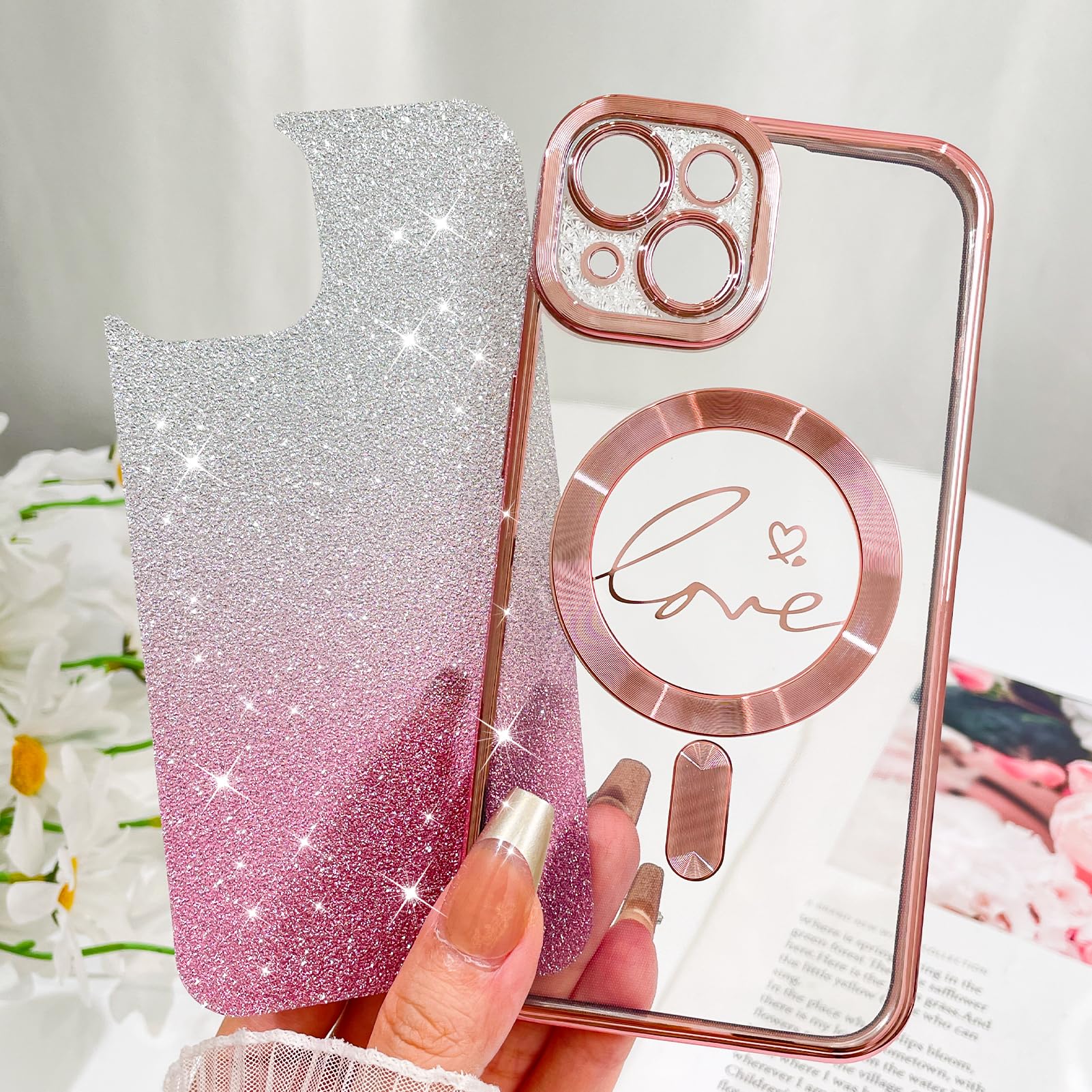 Fiyart Designed For Iphone 14 Plus Case,Compatible With Magsafe Love Heart Plating Camera Protection Clear Phone Case, Magnetic