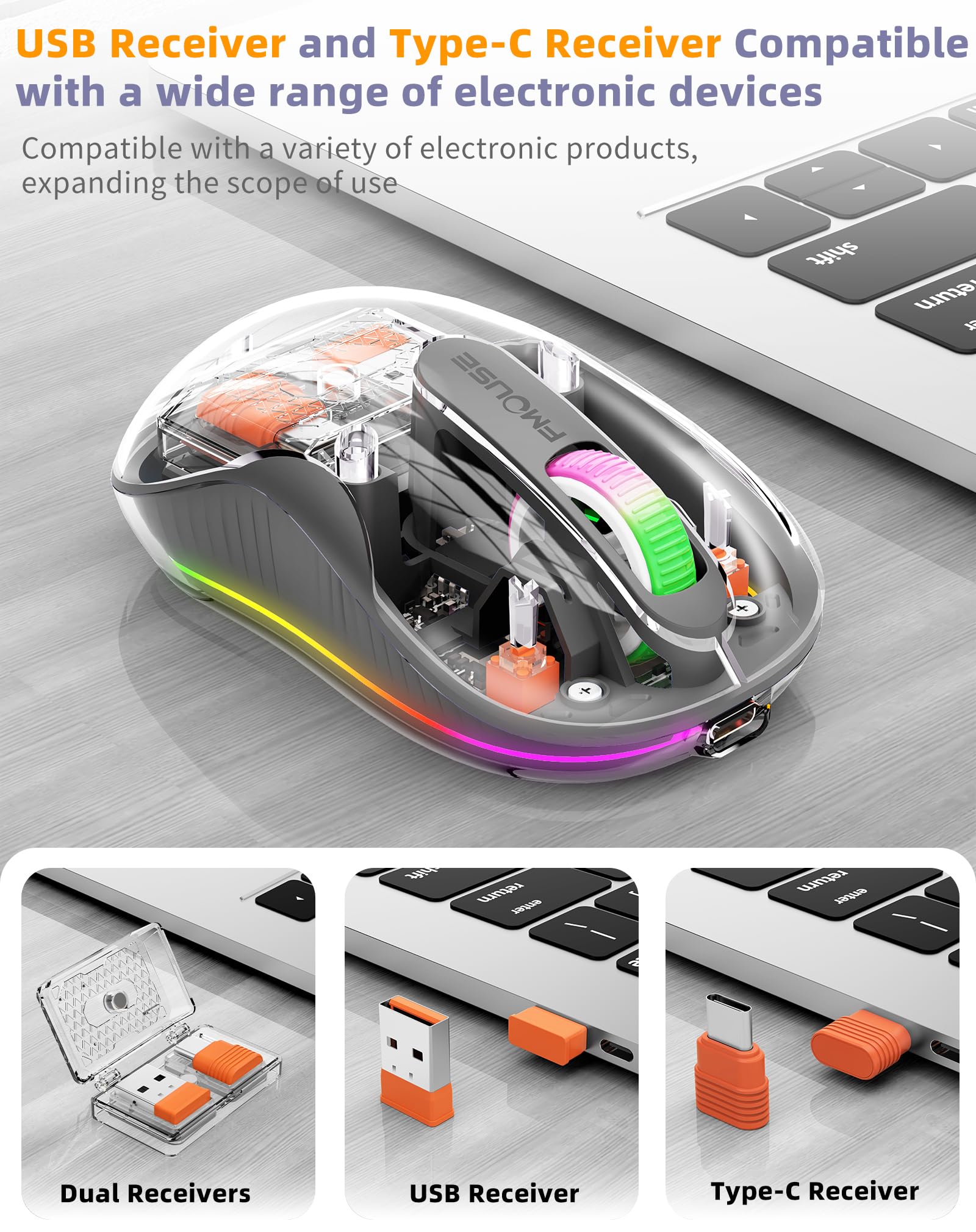 Fmouse Wireless Bluetooth Transparent Mouse, 2.4Ghz With Usb & Type C Two Receiver Compatible With Mac/Ipad, 2400 Dpi, Portable