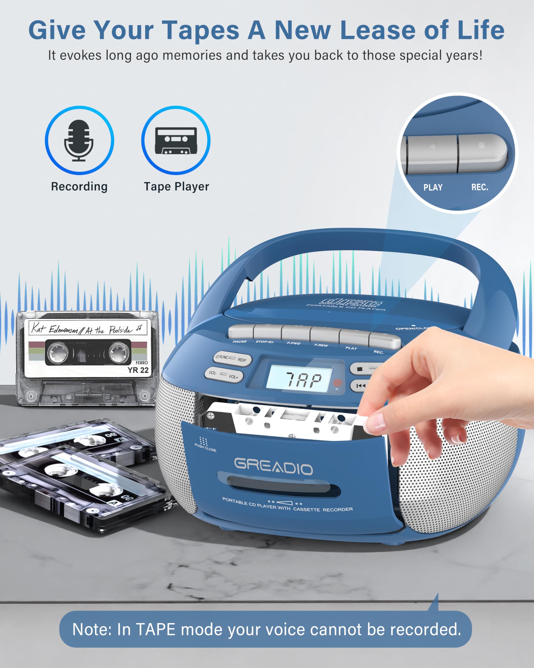 Greadio Boombox Cd Player Cassette Player Combo, Boom Box Portable Cd Players For Home With Bluetooth, Support Am Fm Radio/Remot