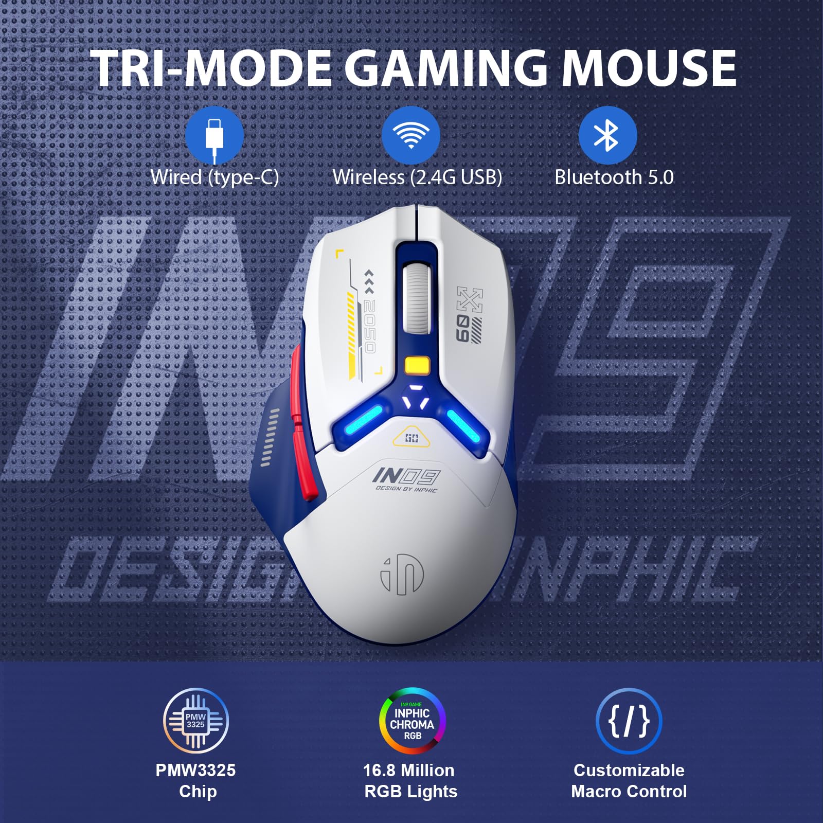 Inphic In9 Wireless Gaming Mouse, True Tri Mode Bluetooth/Type Cwired/2.4G Wireless Mouse, 10000 Dpl, Fully Programmable, Rgb Ba