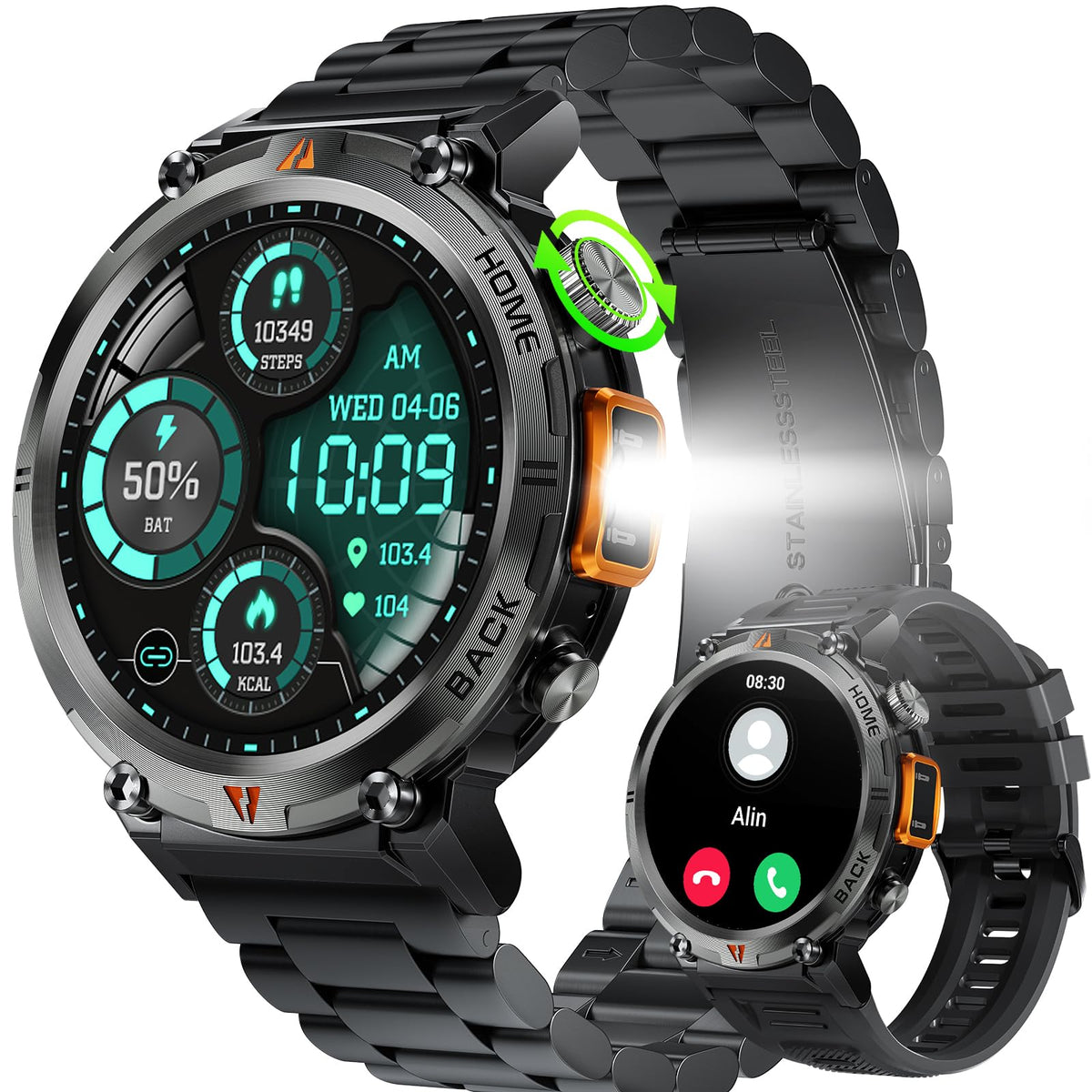 Military Smart Watch For Men (Call Receive/Dial) With Led Flashlight, 1.45 '' Hd Rugged Outdoor Tactical Smartwatch, Fitness Tra