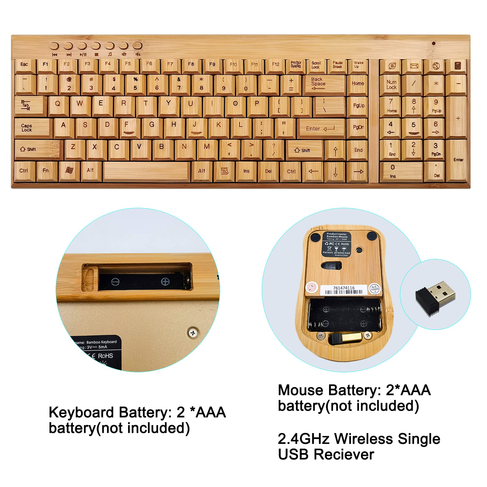 Smart Tech Handcrafted Natural Bamboo Wooden Pc Wireless 2.4Ghz Keyboard And Mouse Combo