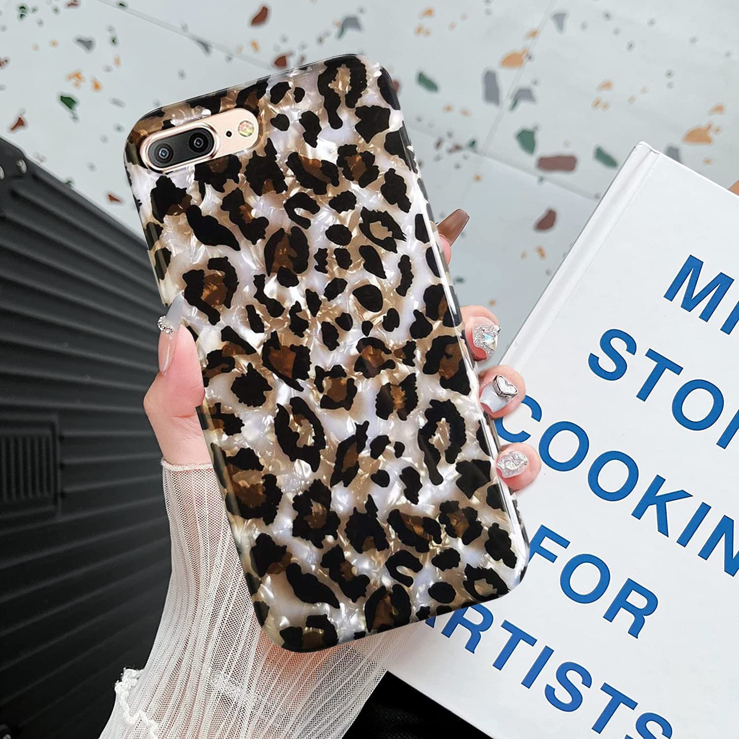 J.West Iphone 8 Plus/Iphone 7 Plus 5.5 Inch Case, Luxury Sparkle Translucent Clear Leopard Cheetah Print Pearly Design Soft Sili