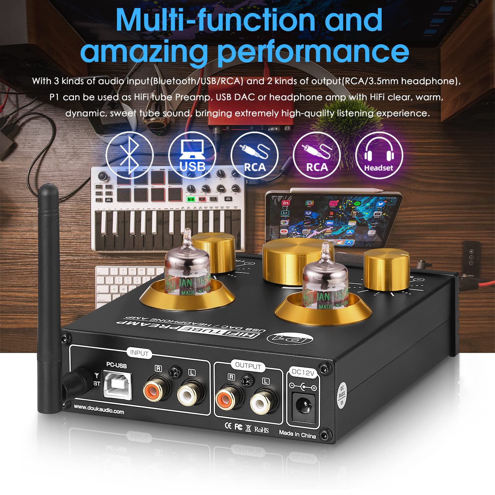 Douk Audio P1 Vacuum Tube Bluetooth Preamplifier, Ge5654 Audio Preamp, Hi Fi Headphone Amp, Stereo Wireless Receiver With Usb Da