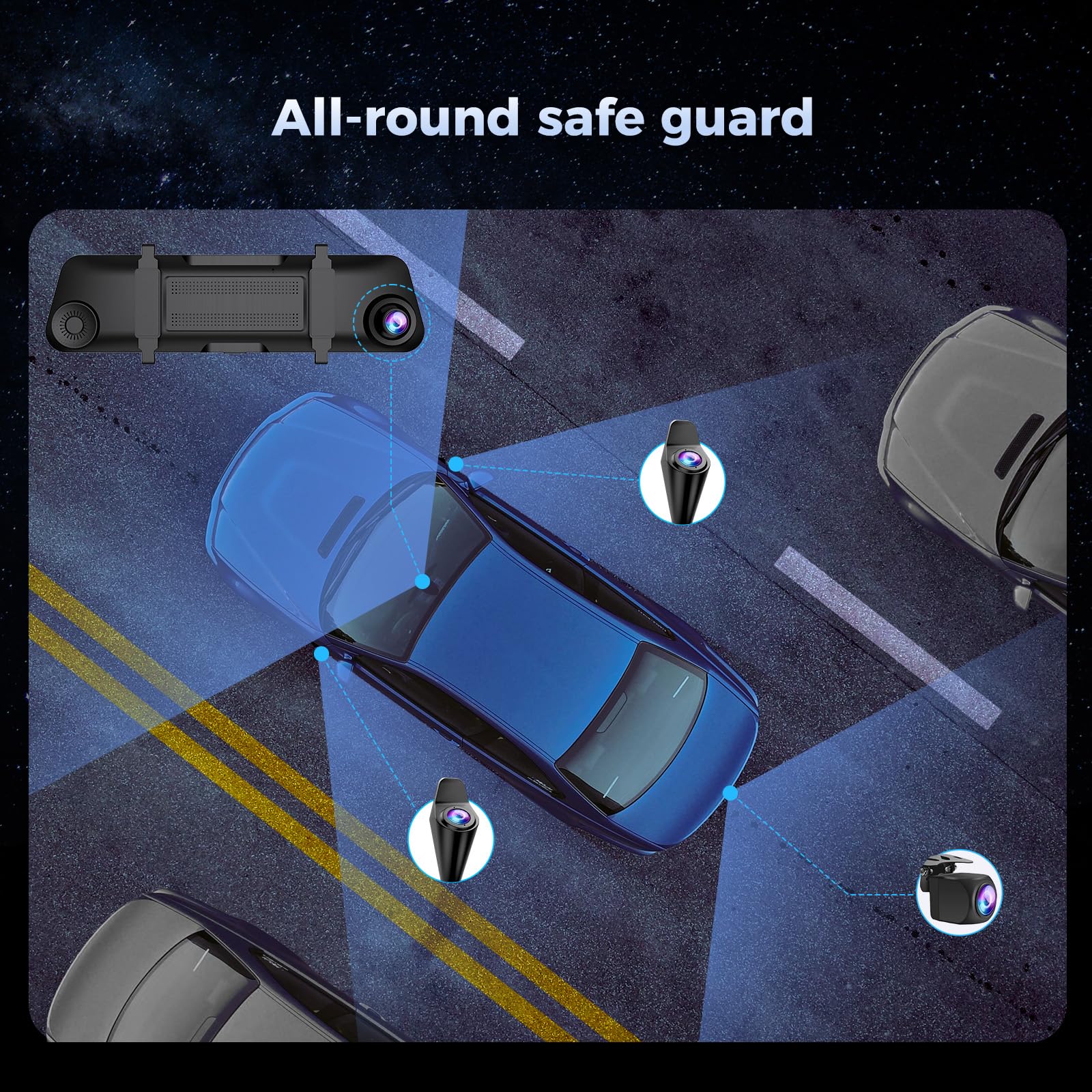 Pruveeo 12 Rear View Mirror Camera,360 View 4 Channel Mirror Dash Cam Detached Camera For Cars,Fhd1080Px4,Dash Cam Front And R