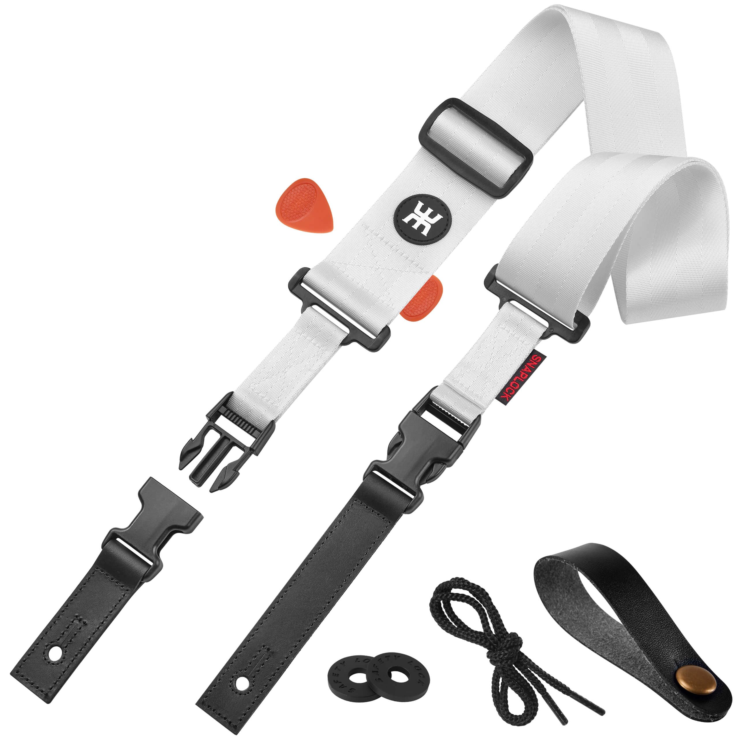 Amumu SNAPLOCK Guitar Strap with Clip - White Nylon for Acoustic, Electric, and Bass Guitar - 2 Wide