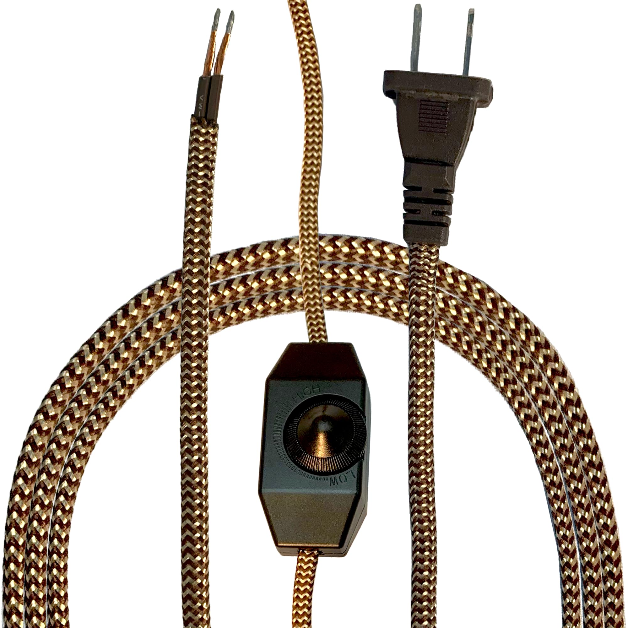 Royal Designs, Inc. Lamp Cord Molded Plug With Dimmer Switch, Stripped Ends Ready For Wiring, 8 Ft Long, Brown/Gold, Spt 1 Ul Li