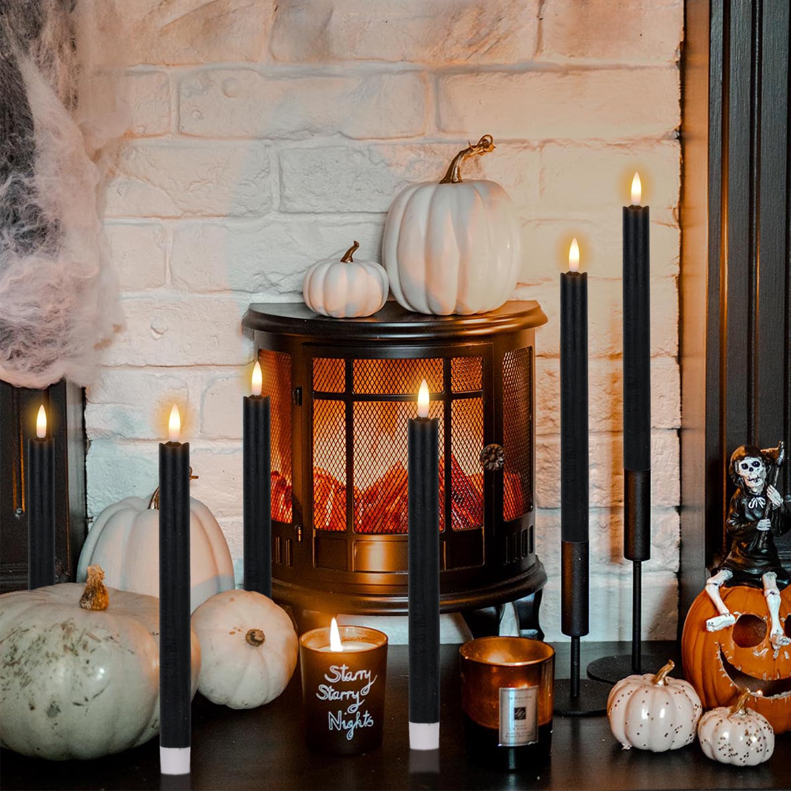 Wondise Halloween Flameless Taper Candles With Timer, Battery Operated Real Wax Black Led Candles 3D Wick Flickering Flame For H