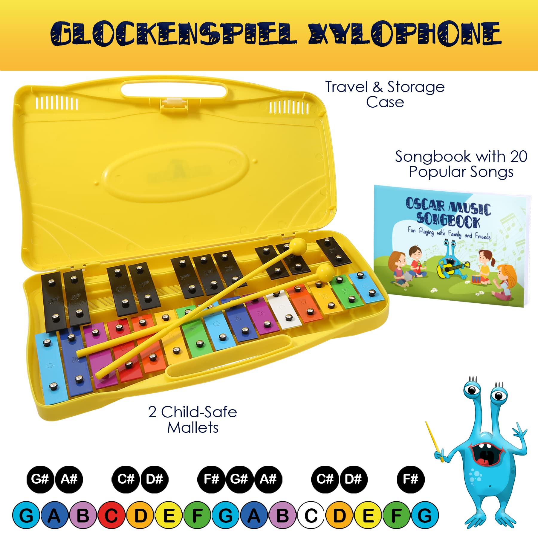 Miniartis Glockenspiel Xylophone | 25 Note Colorful Metal Keys Xylophone For Kids | Percussion Musical Instrument | Includes Mus