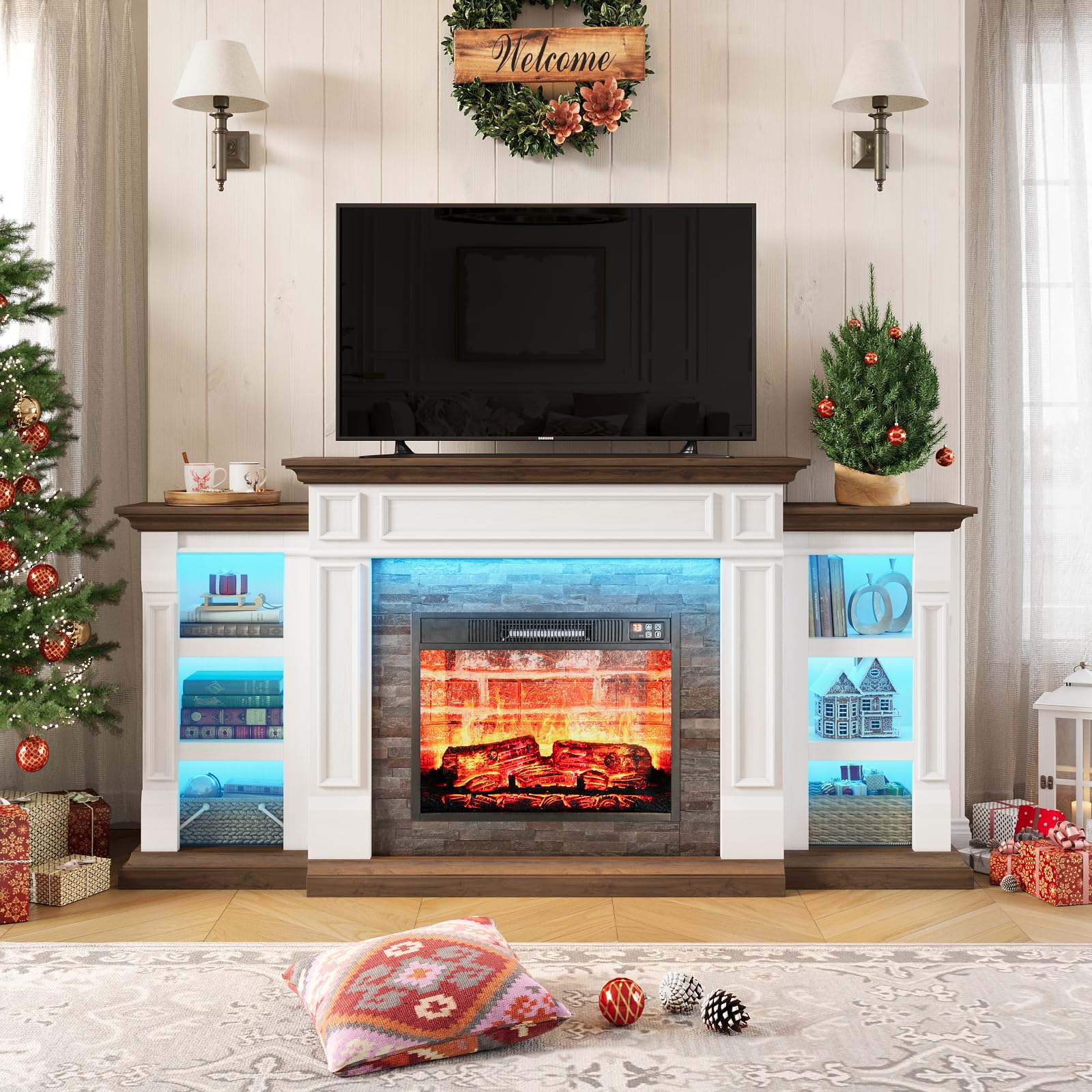 70'' Electric Fireplace With Mantel, Led Fireplace Tv Stand For Tvs Up To 80 Inch, Farmhouse Entertainment Center With Storage,