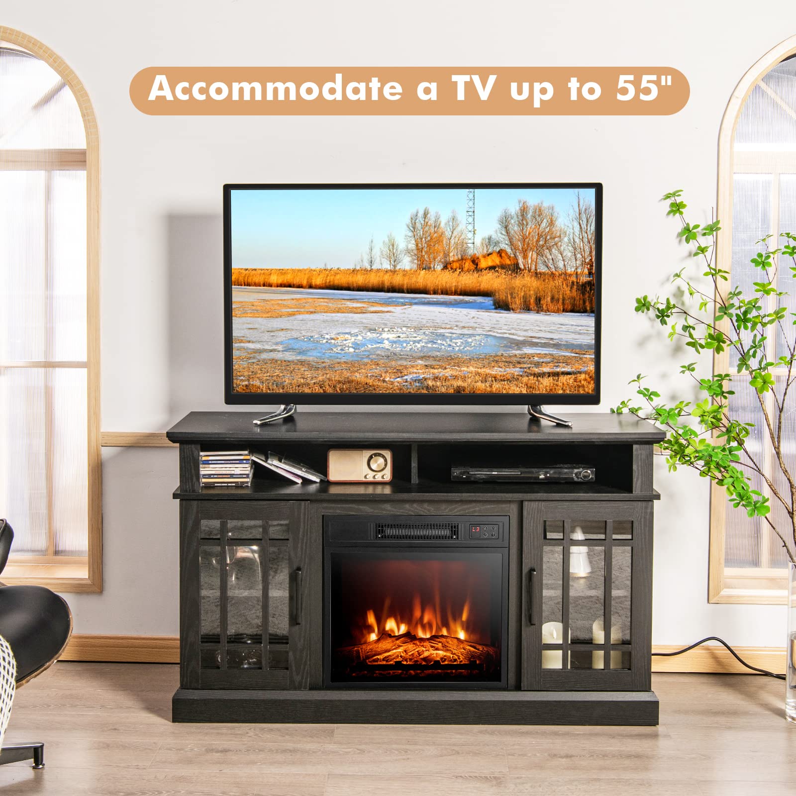 Tangkula Fireplace Tv Stand For Tvs Up To 55 Inch, With 18 Inches 4777 Btu Fireplace Insert, 3 Level Brightness, Overheat Protec