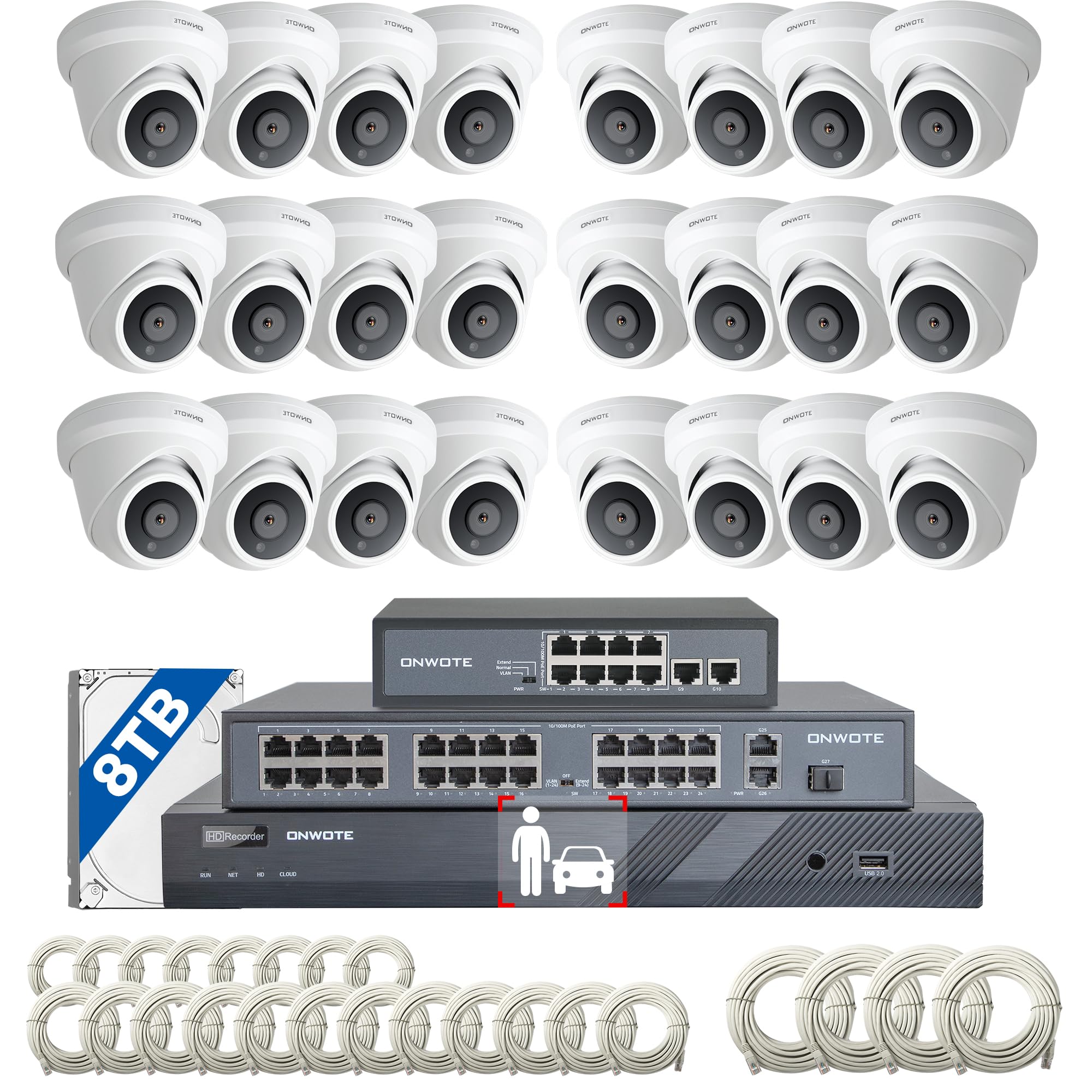 Onwote 4K 32 Channel Security Camera System Poe, 12Mp 32Ch Nvr 8Tb, 24X 8Mp Outdoor Audio Poe Ip Cameras, Ai Human Vehicle Detection, 32 Ports Switch, 24 Cables 2280Ft, Commercial Cctv For Business