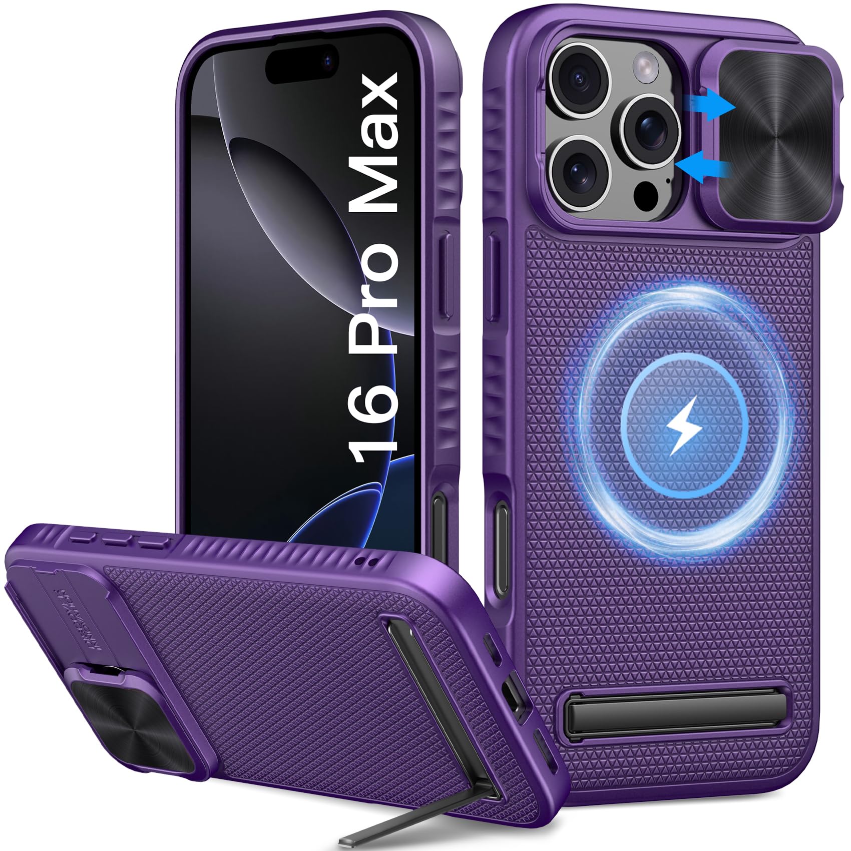 Vihibii For Iphone 16 Pro Max Magnetic Case With Stand, [Compatible With Magsafe], Slide Camera Cover, Military Grade Drop Prote