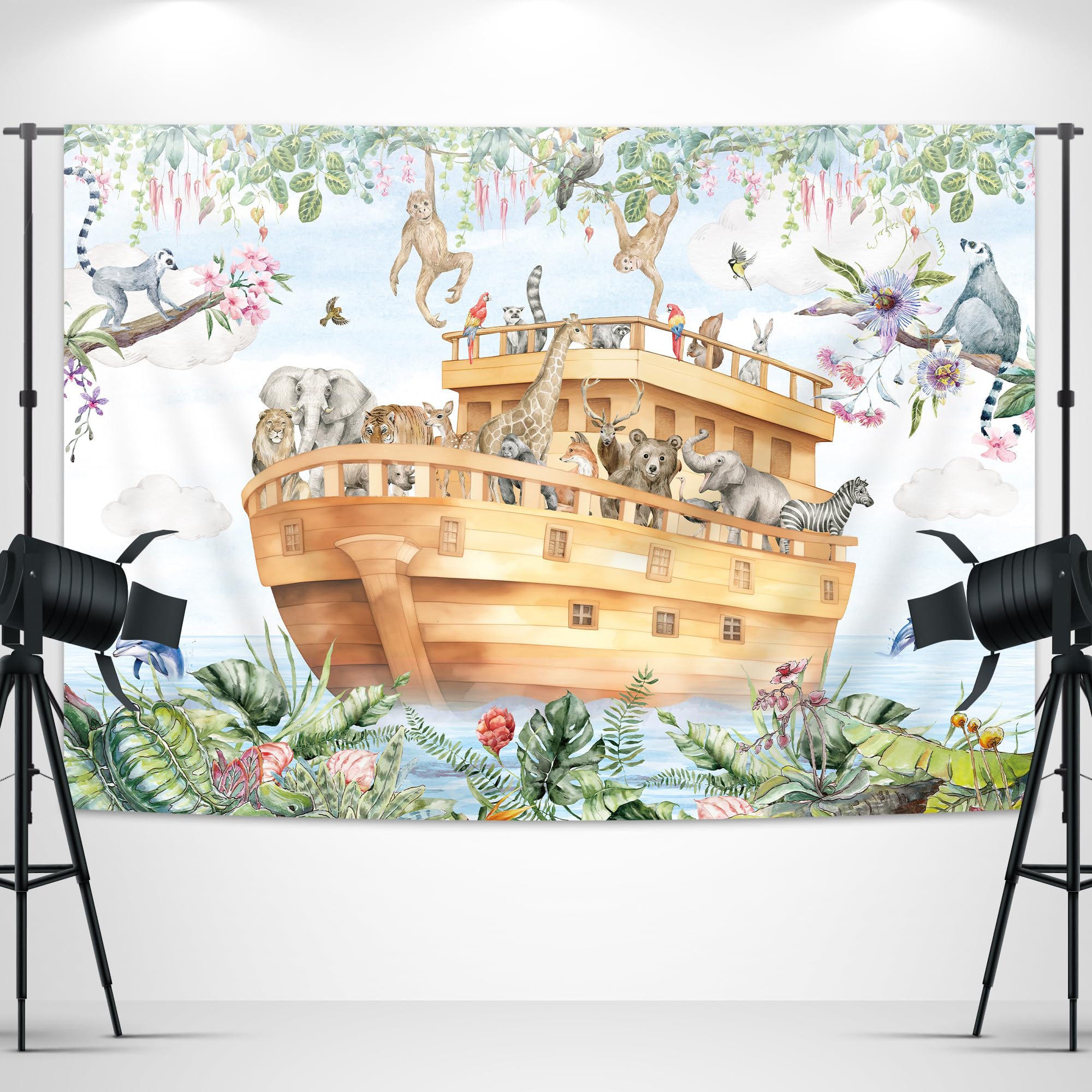 Glawry Noah'S Ark Backdrop For Photography 7Wx5H Feet Cartoon Woodland Animal Safari Jungle Tropical Leaves Plant Newborn Baby S