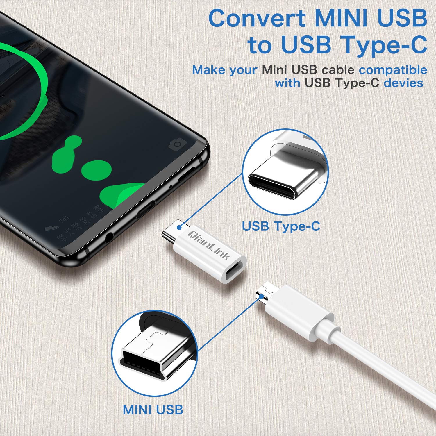QianLink Mini USB to USB C Adapter QER3 Fast Charging Data Sync White (2-Pack)