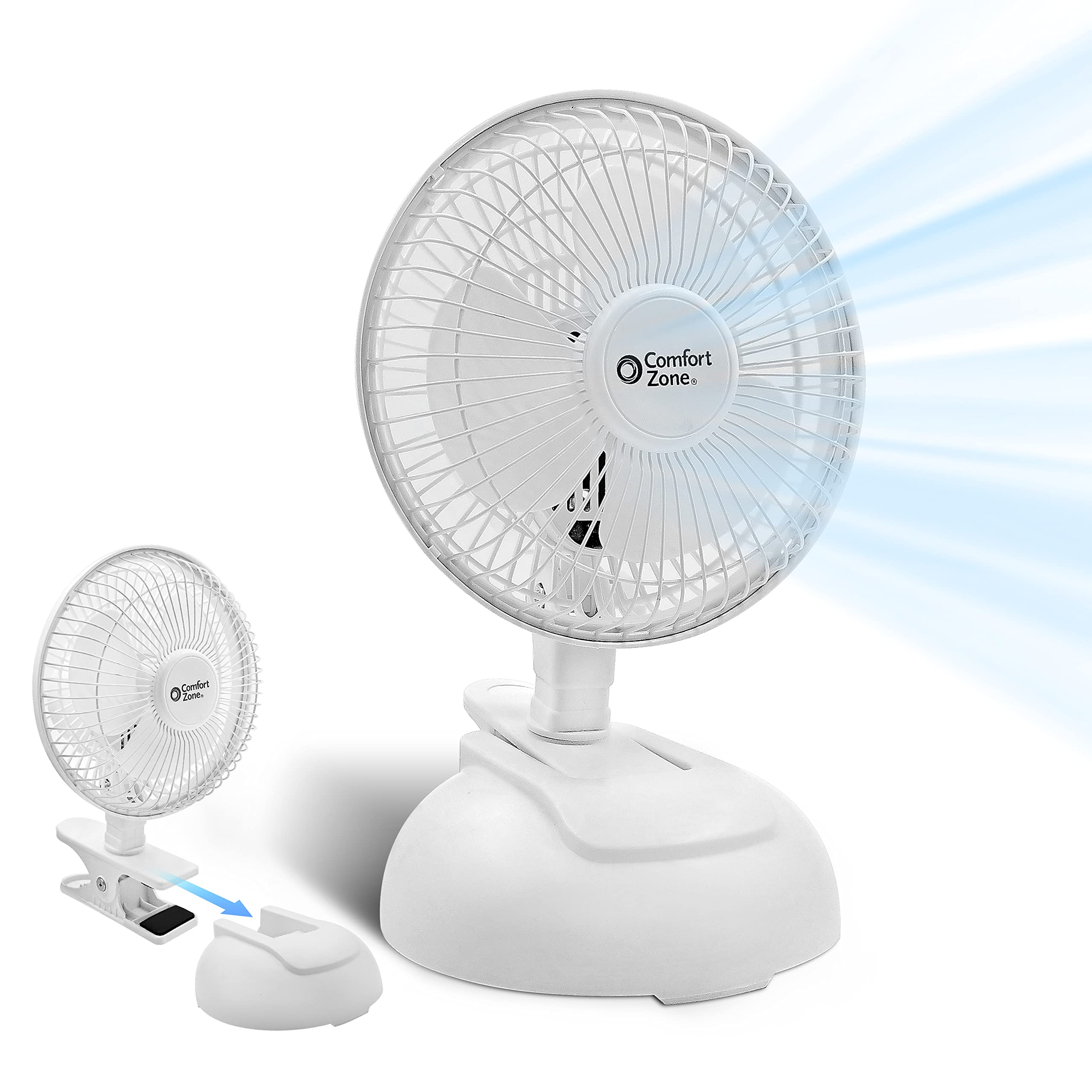 Comfort Zone Personal Clip Or Desk Fan With Removable Base, Portable, Mini Bedroom Fan, 6 Inch, 2 Speed, Strong Clamp, Firm Grip