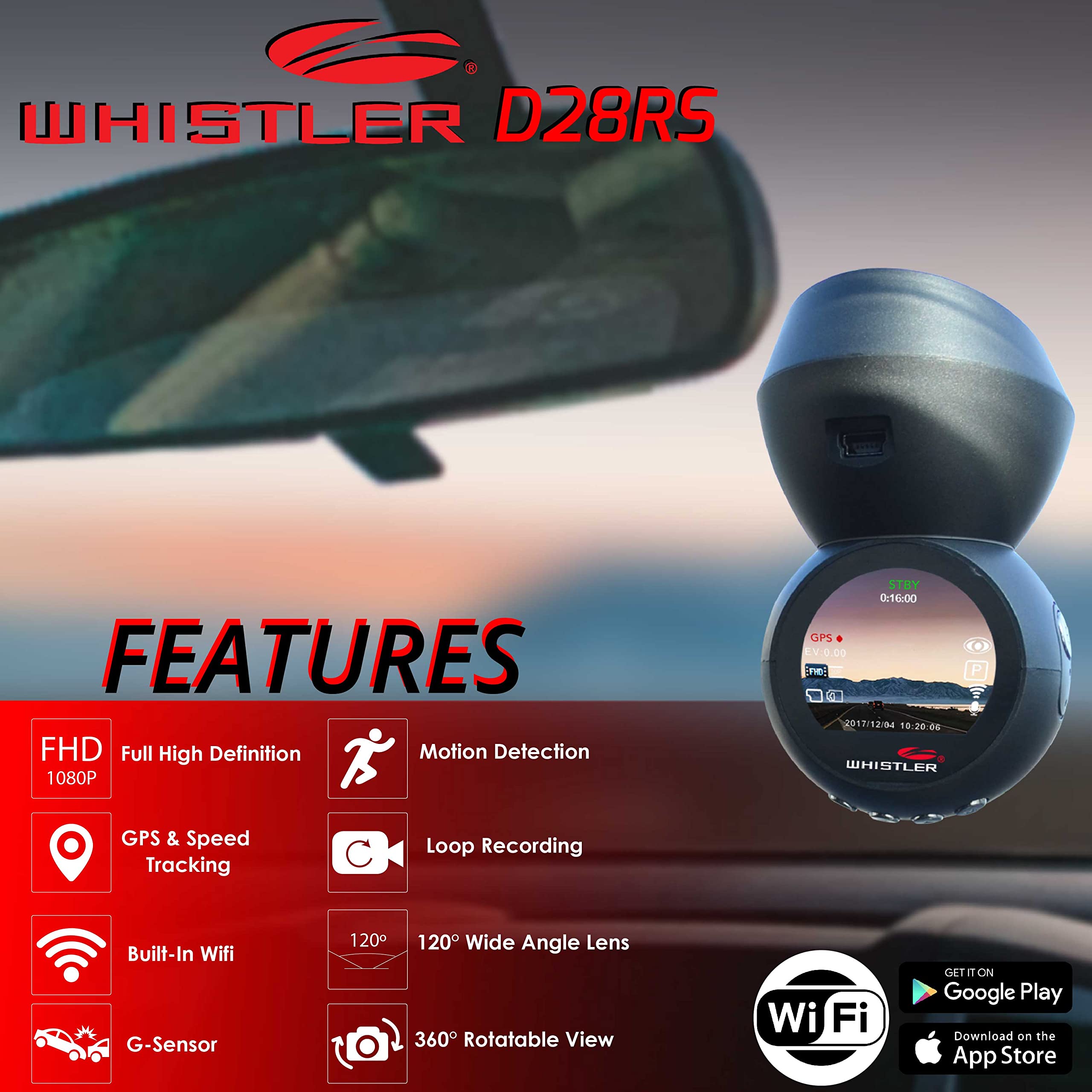 Whistler D28Rs 1080P Dash Cam With Built In Wifi, Gps Dashboard Camera, 1.2    Lcd Screen, G Sensor Security Camera For Car, Loo