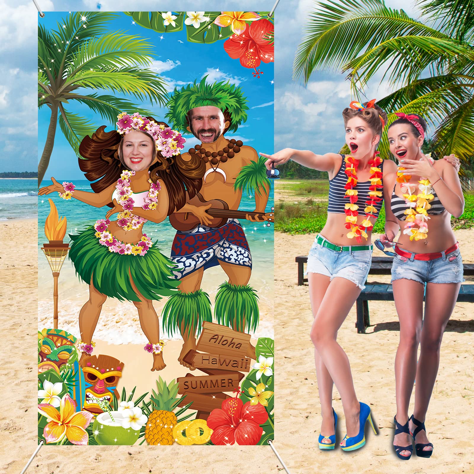 Hiparty Hawaiian Luau Party Decorations, Luau Couple Photo Door Banner, Tiki Luau Photo Props For Beach Party Tiki Banner Backgr