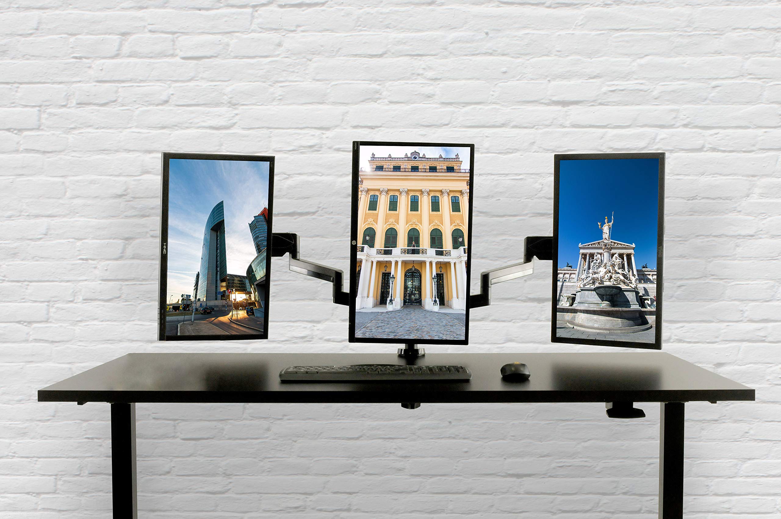 Techorbits Triple Monitor Mount   Three Arms Computer Screen Stand   Full Motion Articulating Gas Springs For 3 Screens   Universal Fit For 13'   27' Screens