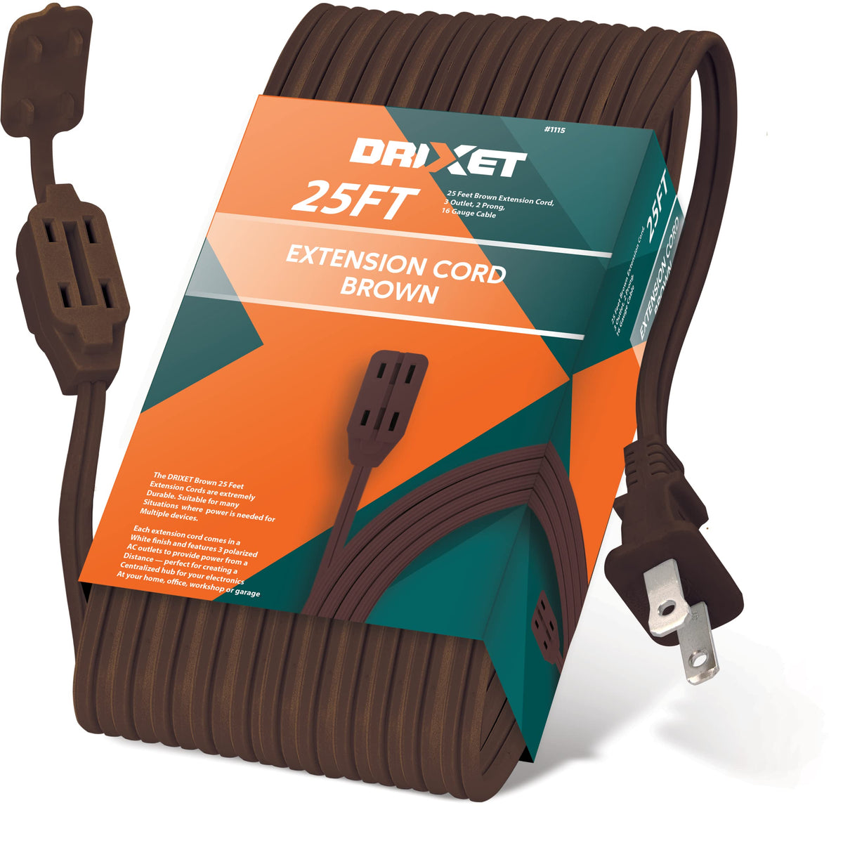 25 Feet Brown Extension Cord, 3 Outlet 2 Prong 16 Gauge Cable, Indoor Use, 3 Receptacle Cube Tap, Extension Cord   By Revpex