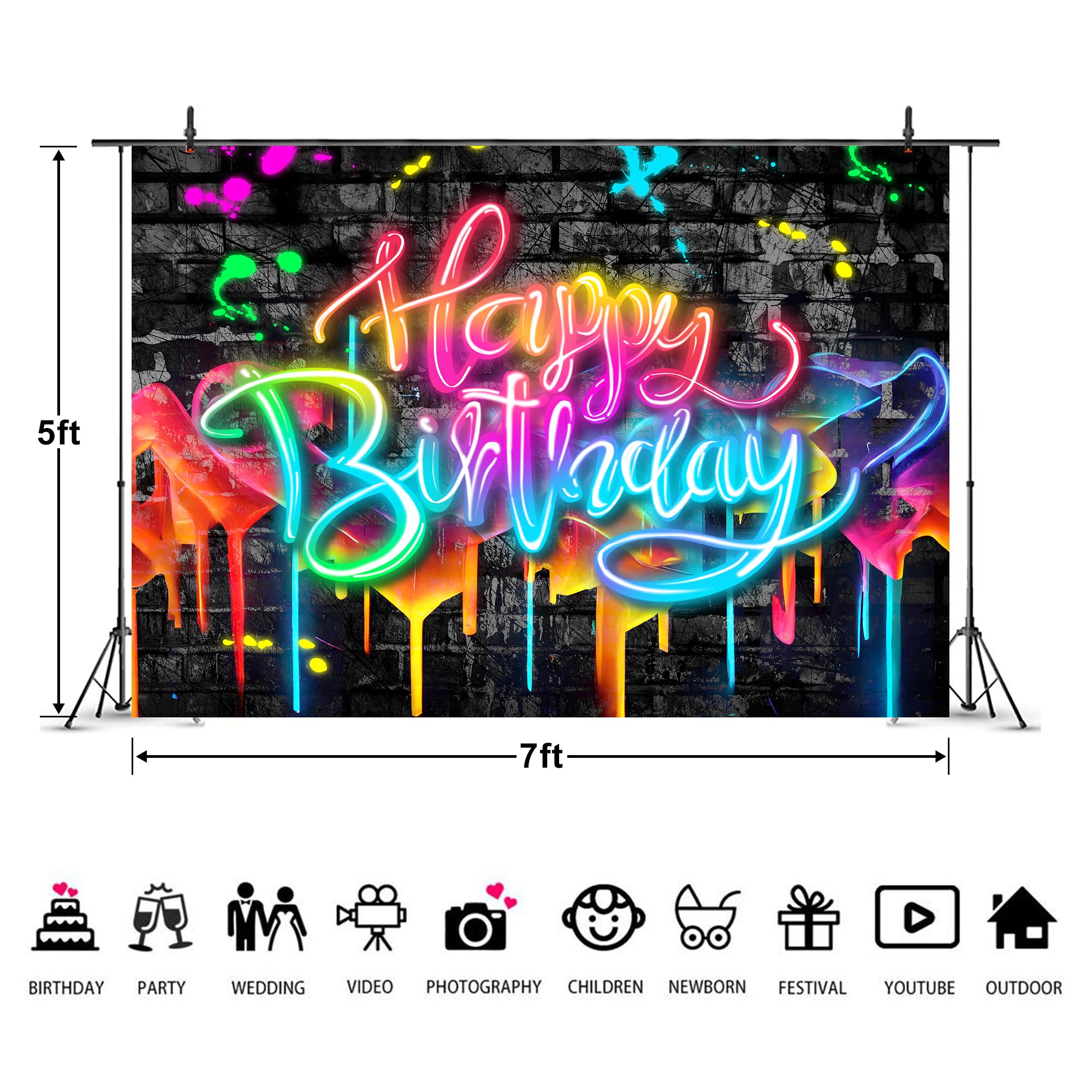 Imirell Neon Happy Birthday Backdrop 7Wx5H Feet Glow In The Dark Brick Wall Funny Graffiti Colorful Painting Splatter Polyester