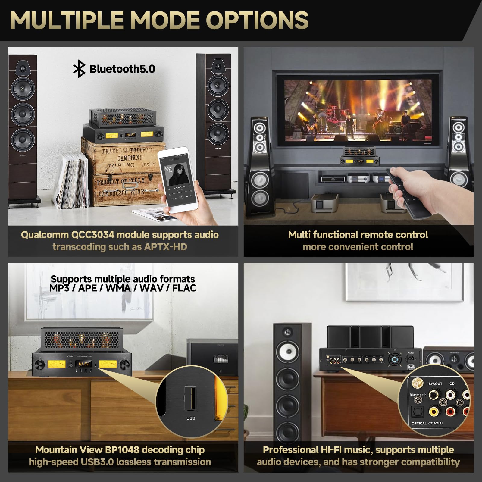 Crboke Cr888 Hi-End Class A Kt88 Single-Ended Tube Amplifier With Built-In Aptx-Hd Bluetooth And Active Subwoofer Outpu