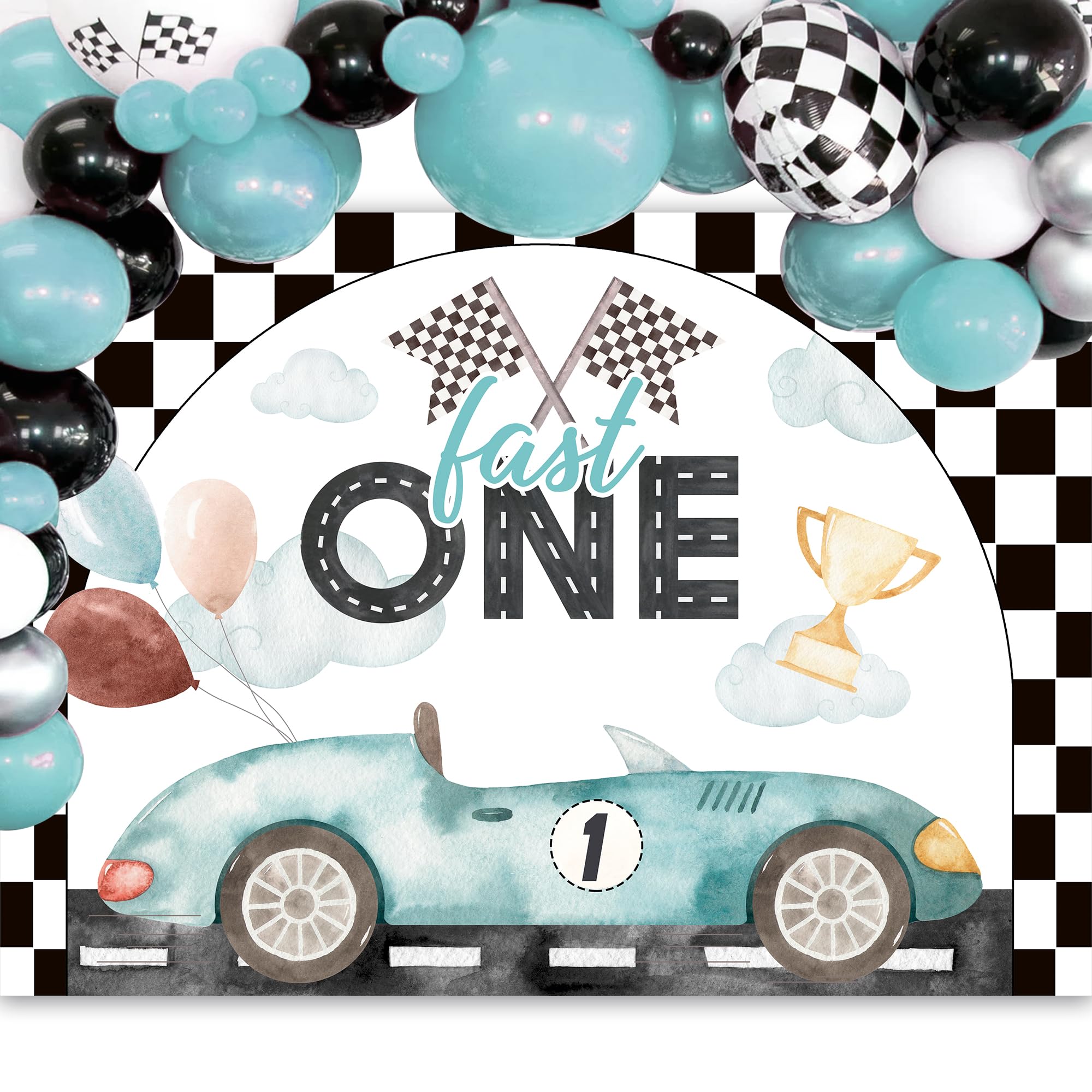Glawry Fast One 1St Birthday Backdrop For Photography 7Wx5H Feet Racing Car Cartoon Cute Black White Checker Flag Cool For Kids