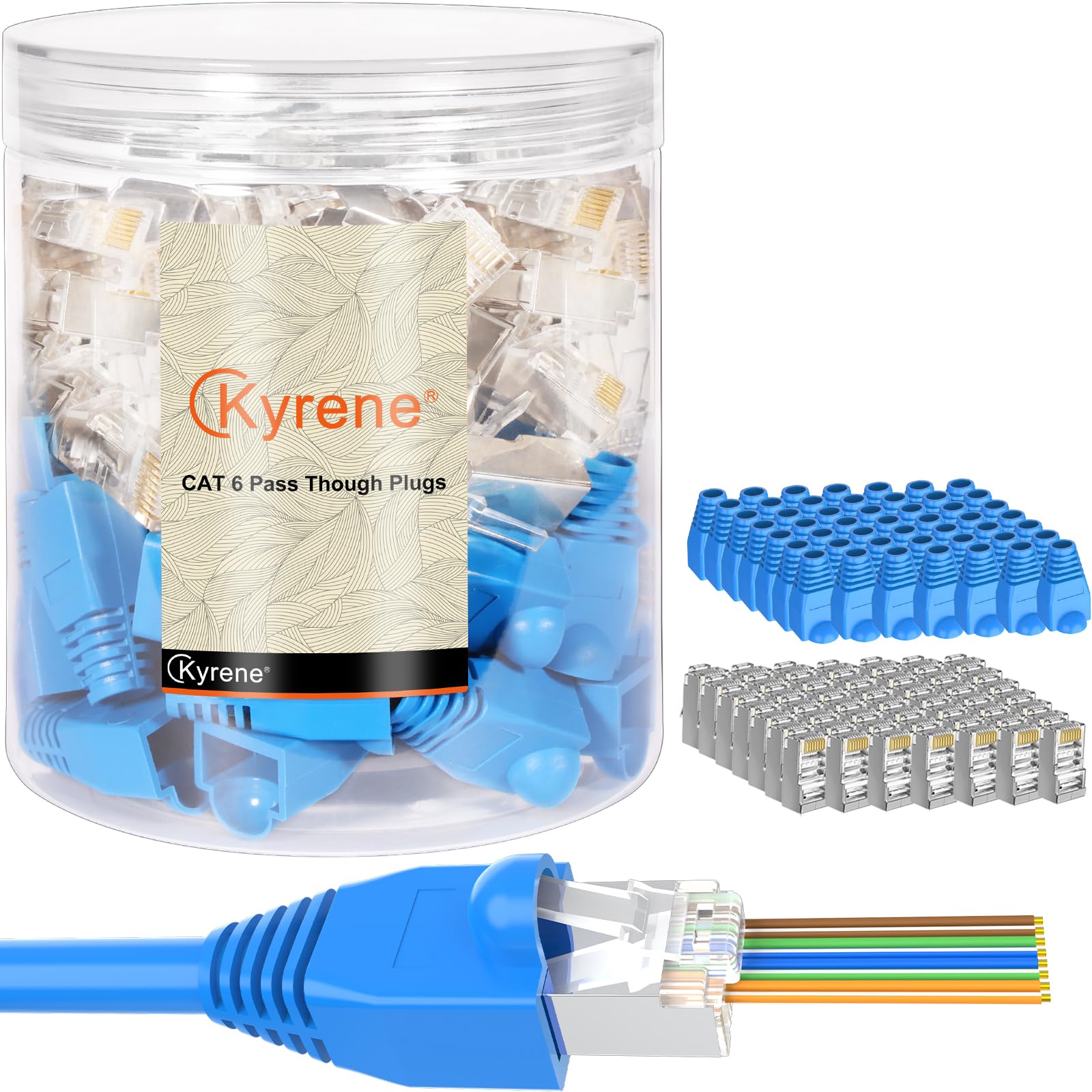 Kyrene Rj45 Connectors, 50Pcs Shielded Rj45 Pass Through Connector, Cat 6 Pass Through Rj45 Connectors Gold Plated 3 Prong 8P8C 