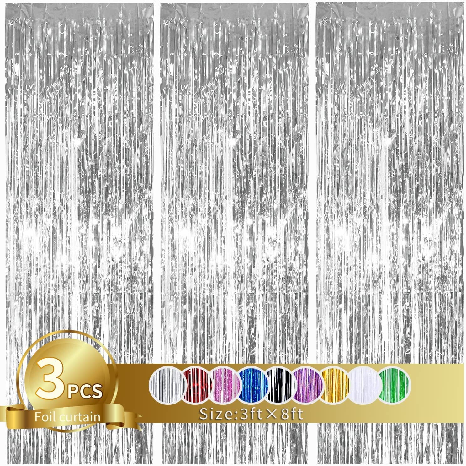 Toniful 3Pcs Silver Door Streamers,Silver Photo Booth Backdrop Metallic Streamers Silver Foil Fringe Curtains For Birthday,Chris