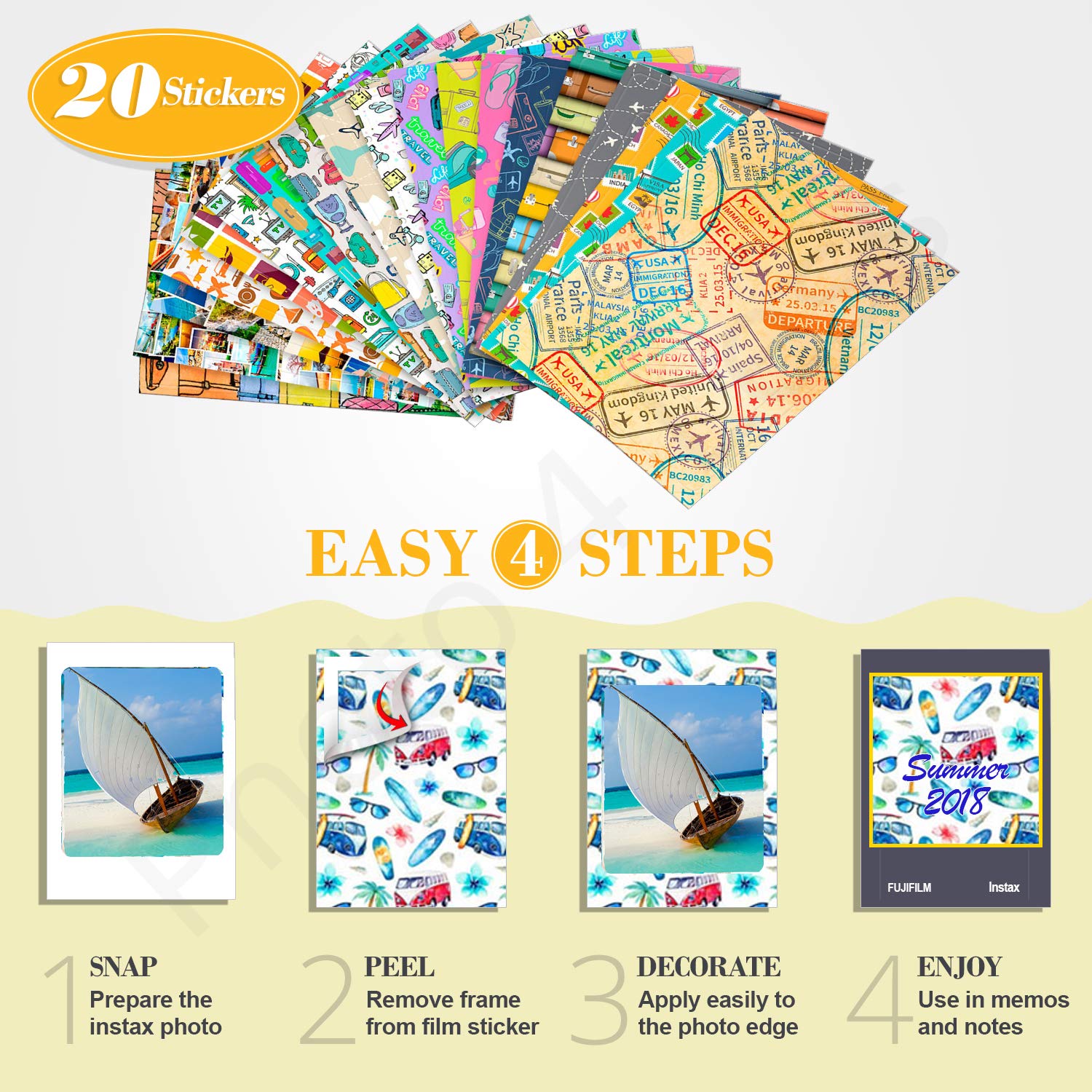 3X Fujifilm Instax Mini Instant Film (60 Exposures) + 20 Sticker Frames For Fuji Instax Prints Travel Package