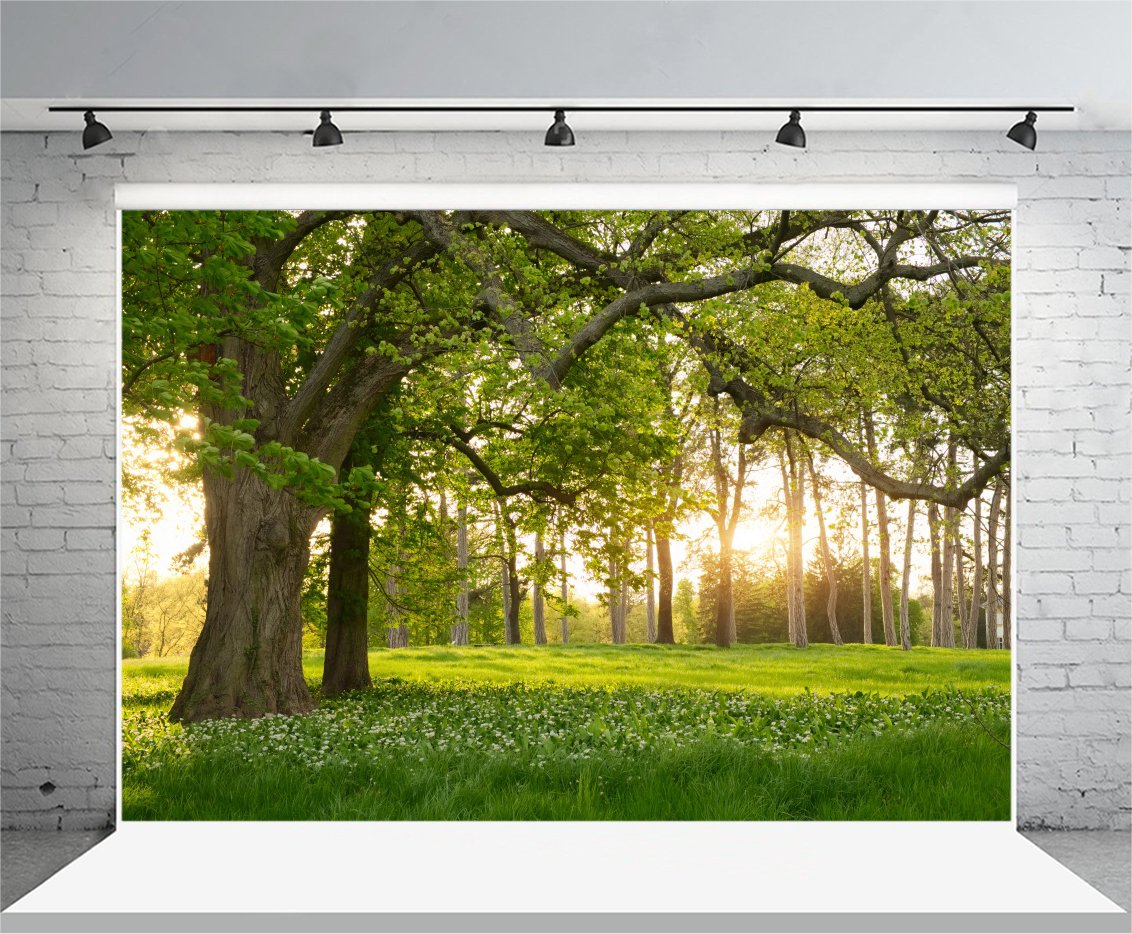 Leowefowa 7X5Ft Spring Backdrop Rural Forest Trees Backdrops For Photography Blooming Flowers Green Grassland Nature Vinyl Photo