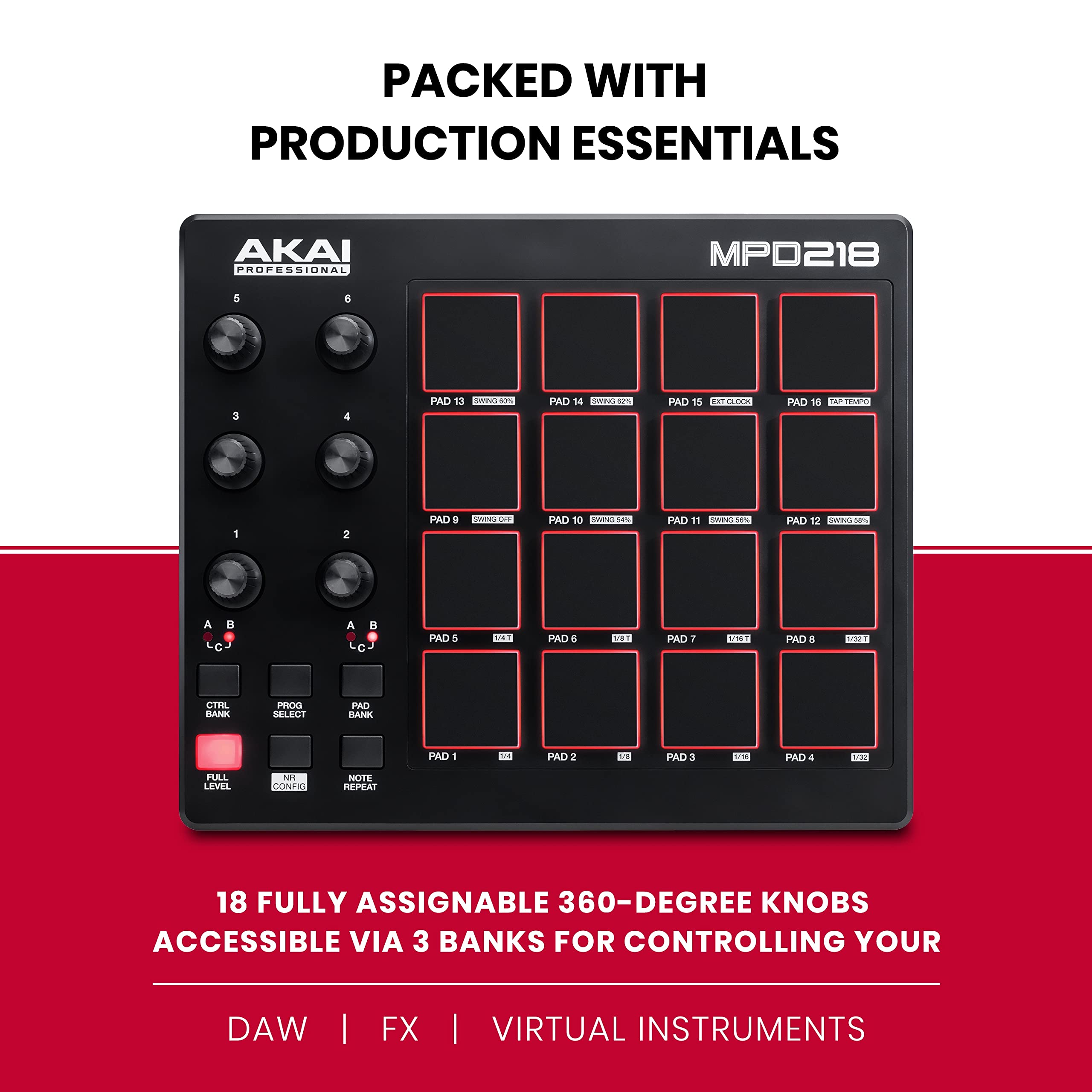 Akai Professional Mpd218   Usb Midi Controller With 16 Mpc Drum Pads, 6 Assignable Knobs, Note Repeat & Full Level Buttons And P