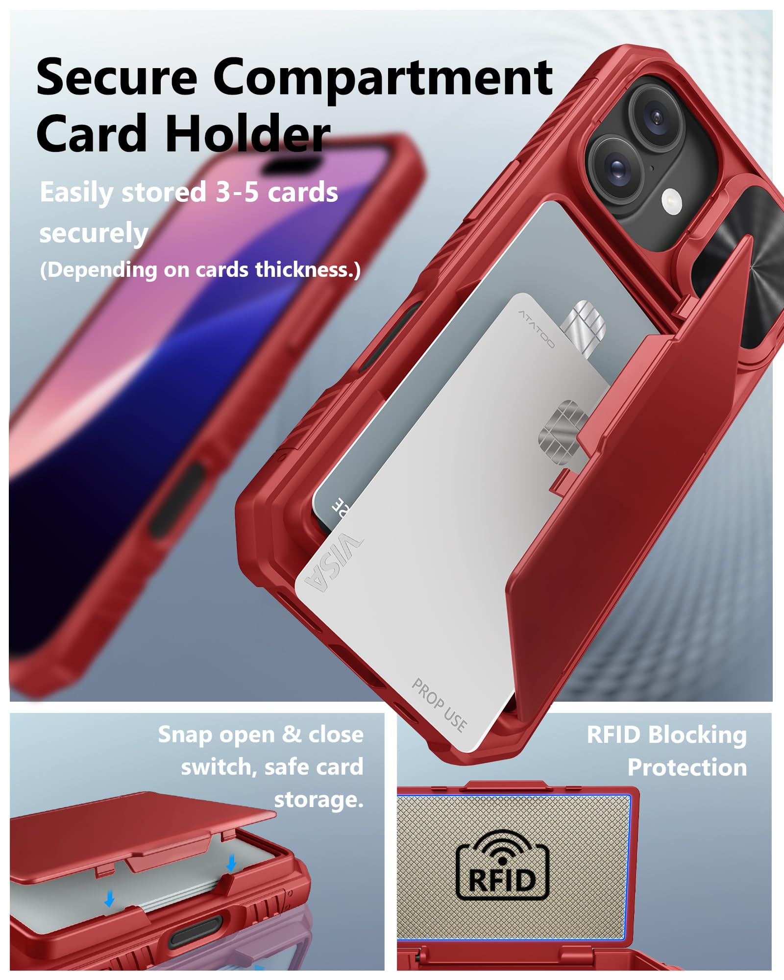 Atatoo For Iphone 16 Case With Card Holder (Store 3 5 Cards) [Rfid Blocking] & Slide Lens Protector, Military Grade Protection,