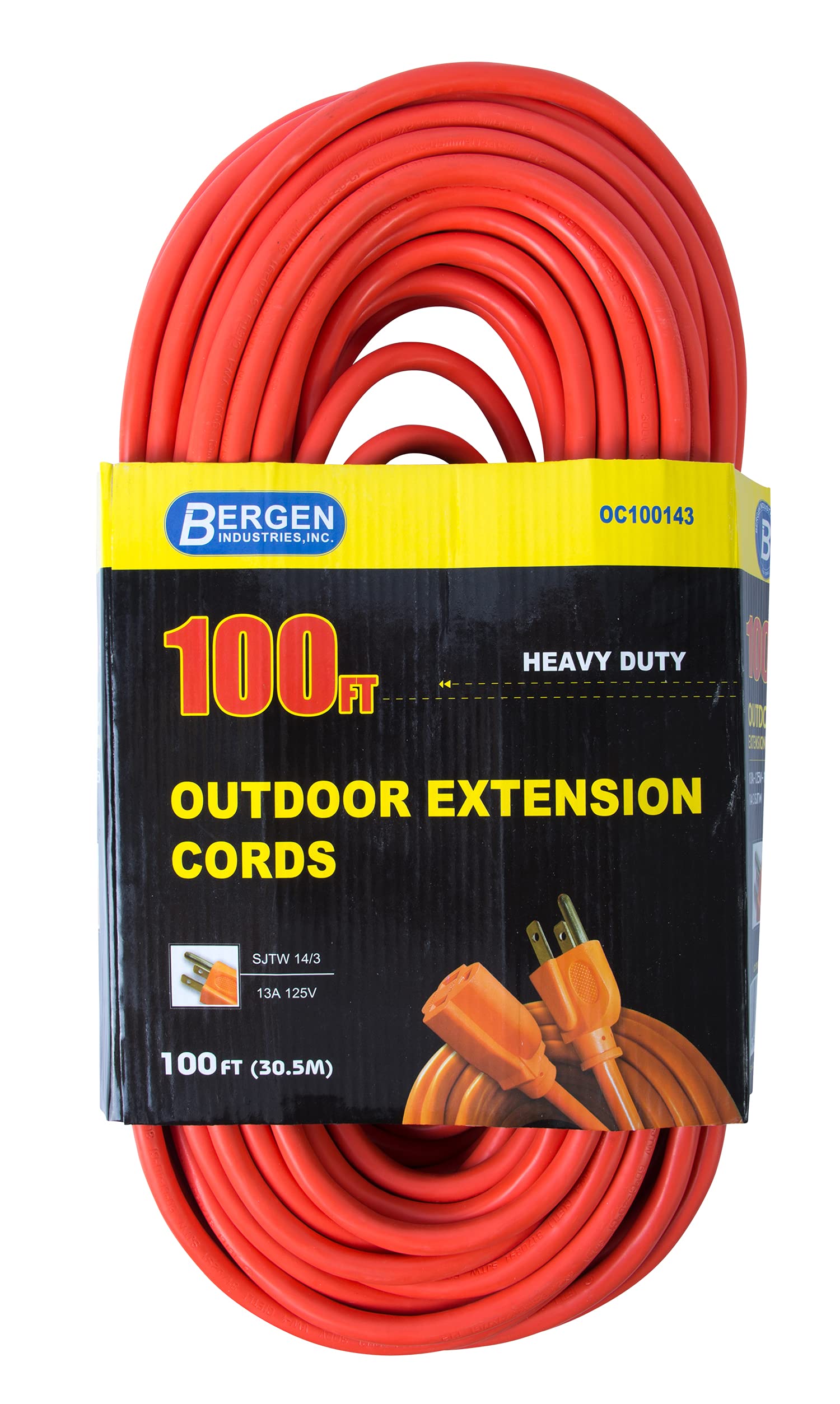 Bergen Industries Inc Oc100143 Heavy-Duty Outdoor Single Receptacle Extension Cord, 100 Ft, 14 Awg, 15A/125V Ac