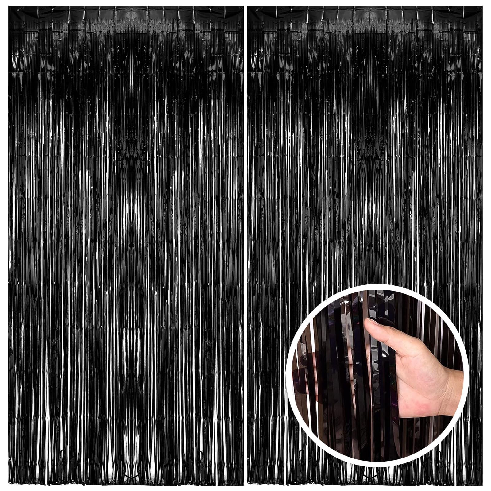 2 Pack Black Party Streamers Backdrop Tinsel Foil Fringe Curtains Halloween Party Decorations Birthday Wednesday Twilight Party