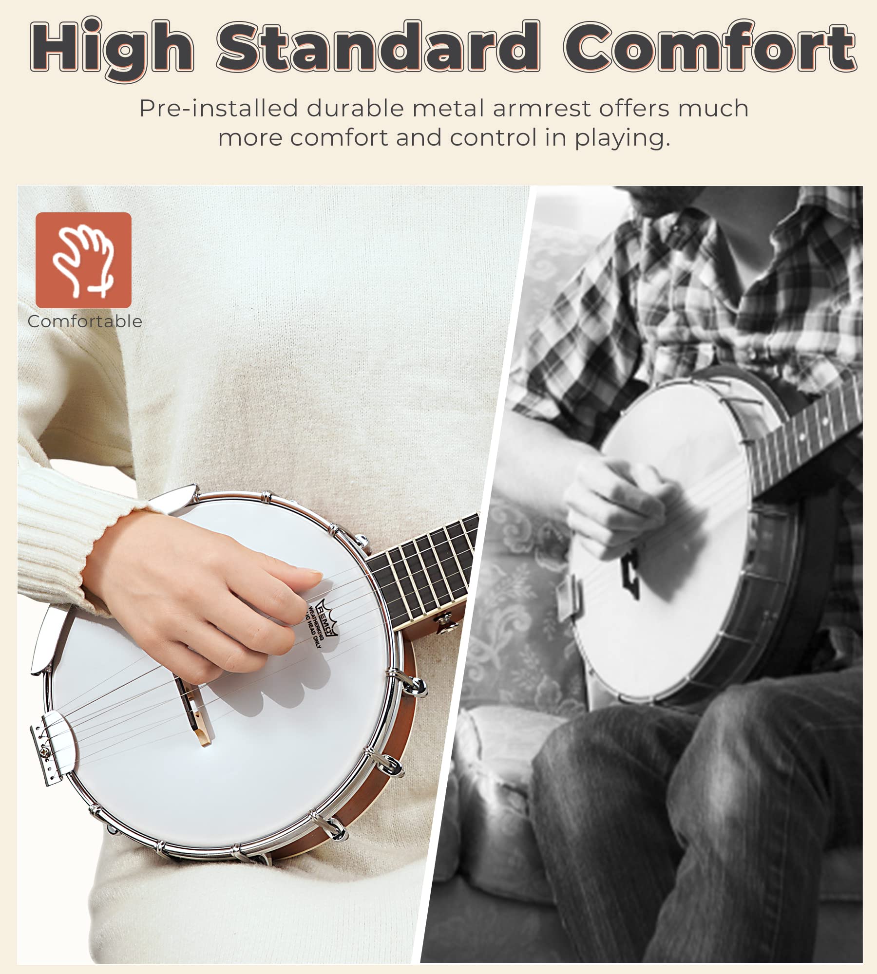 Vangoa 5 String Banjo 26 Inch, Mini Travel Banjo, Banjo Beginner Kit With Remo Head, Open Back & Closed Solid Back With Beginner