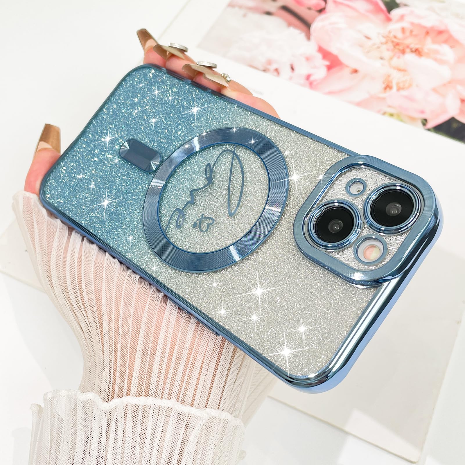 Fiyart Designed For Iphone 14 Case,Compatible With Magsafe Love Heart Plating Camera Protection Clear Phone Case, Magnetic Glitt