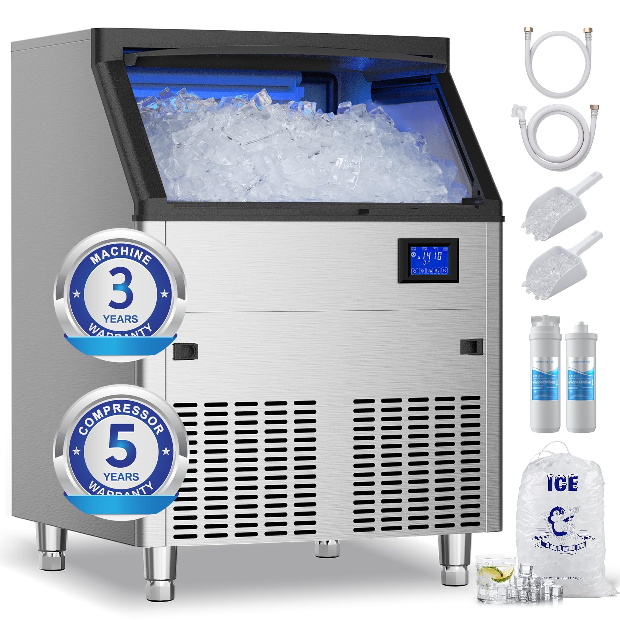 Coolake Commercial Ice Maker Machine 450Lbs/24H With 130Lbs Storage, Stainless Steel Under Counter Ice Maker, Descaling Water Fi