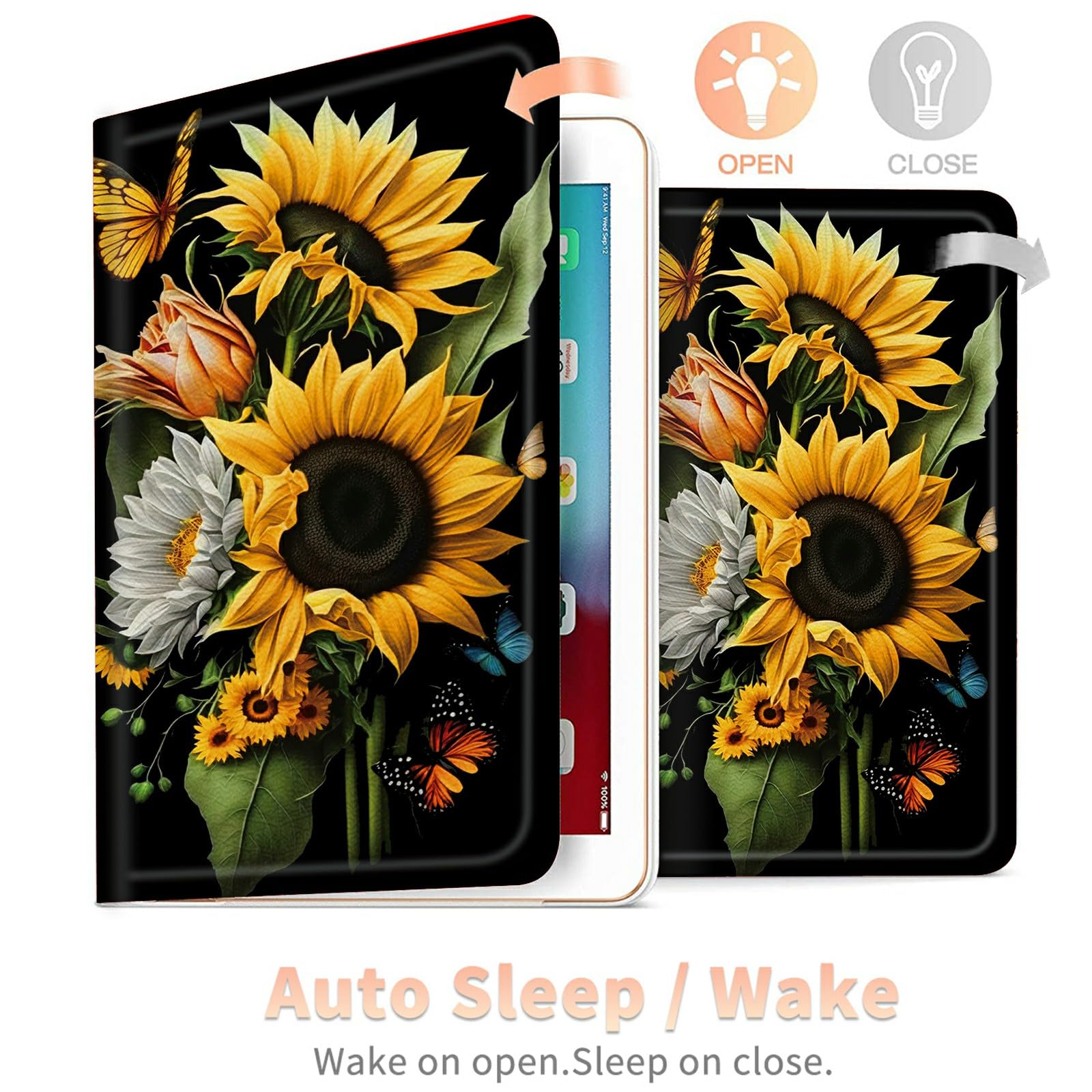Sunflowers Butterfly Case For All New Kindle Fire Hd 10 Tablet 10.1'' (13Th Generation, 2023 Release), Pu Leather Folding Stand