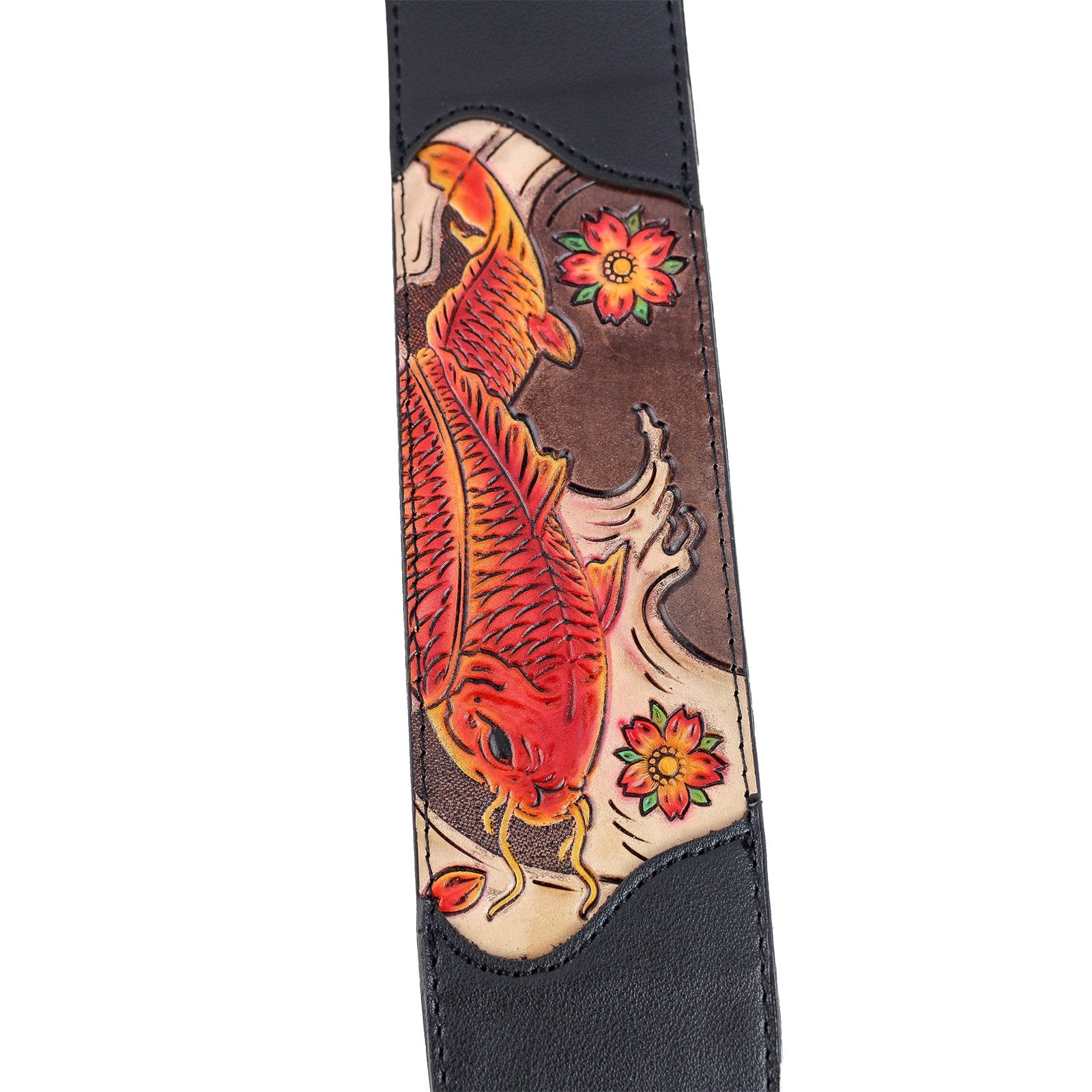 Walker & Williams Cvg-162 Black Padded Guitar Strap With Hand Tooled Red And Brown Koi Fish Design