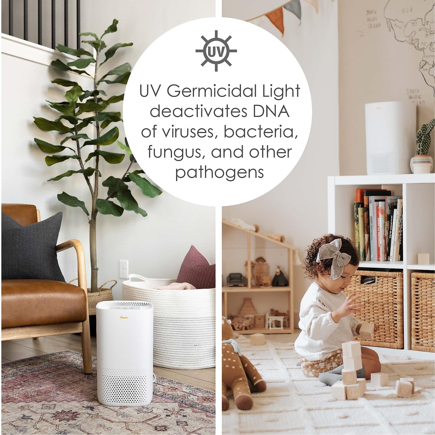 Crane Air Purifier With True Hepa Filter, Germicidal Uv Light, 250 Sq Feet Coverage, Timer Function, Sleep Mode, Washable Partic