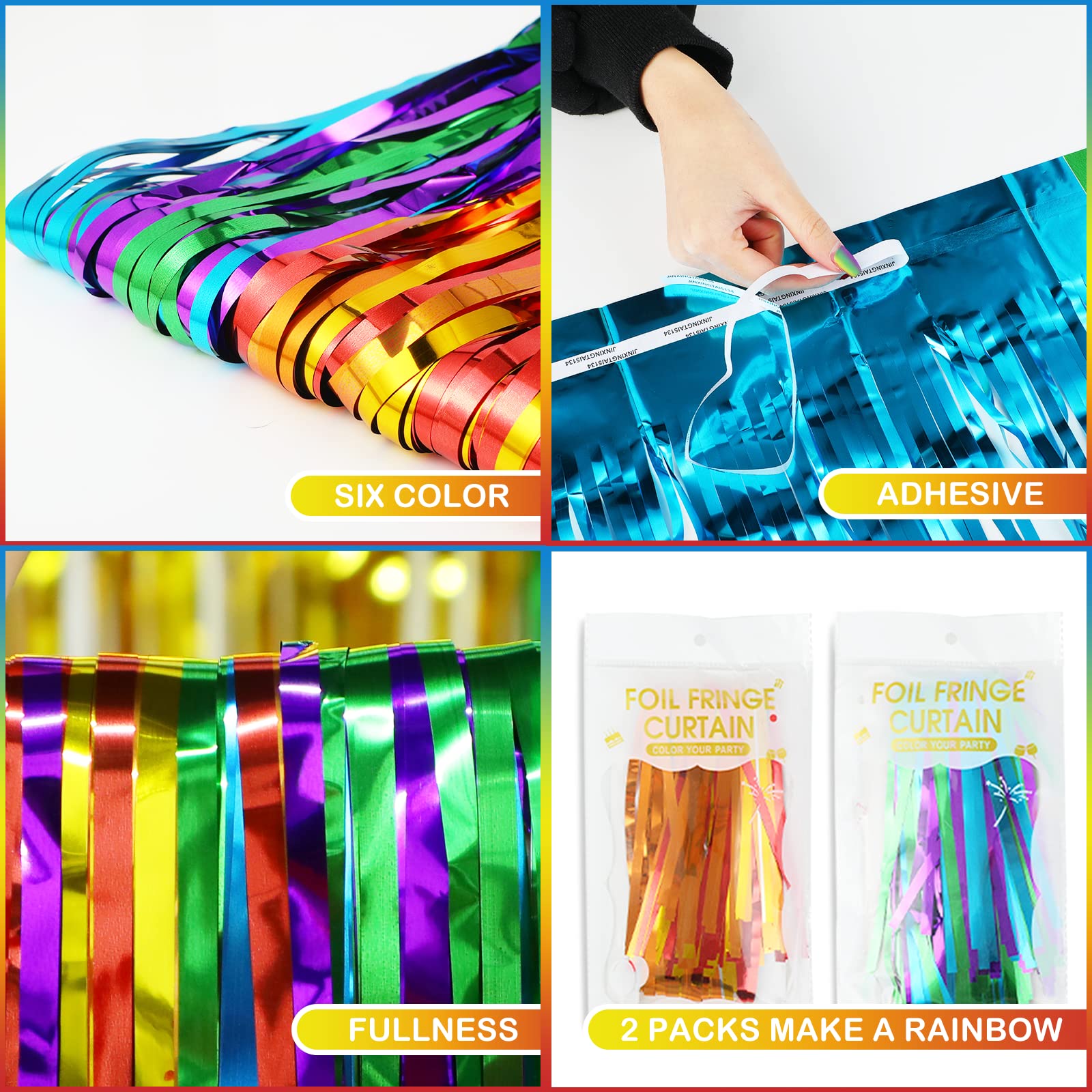 Lolstar Rainbow Photo Booth Props 4 Packs Rainbow Party Decorations 13.2X6.6 Ft Foil Fringe Curtains Tinsel Metallic Streamers H