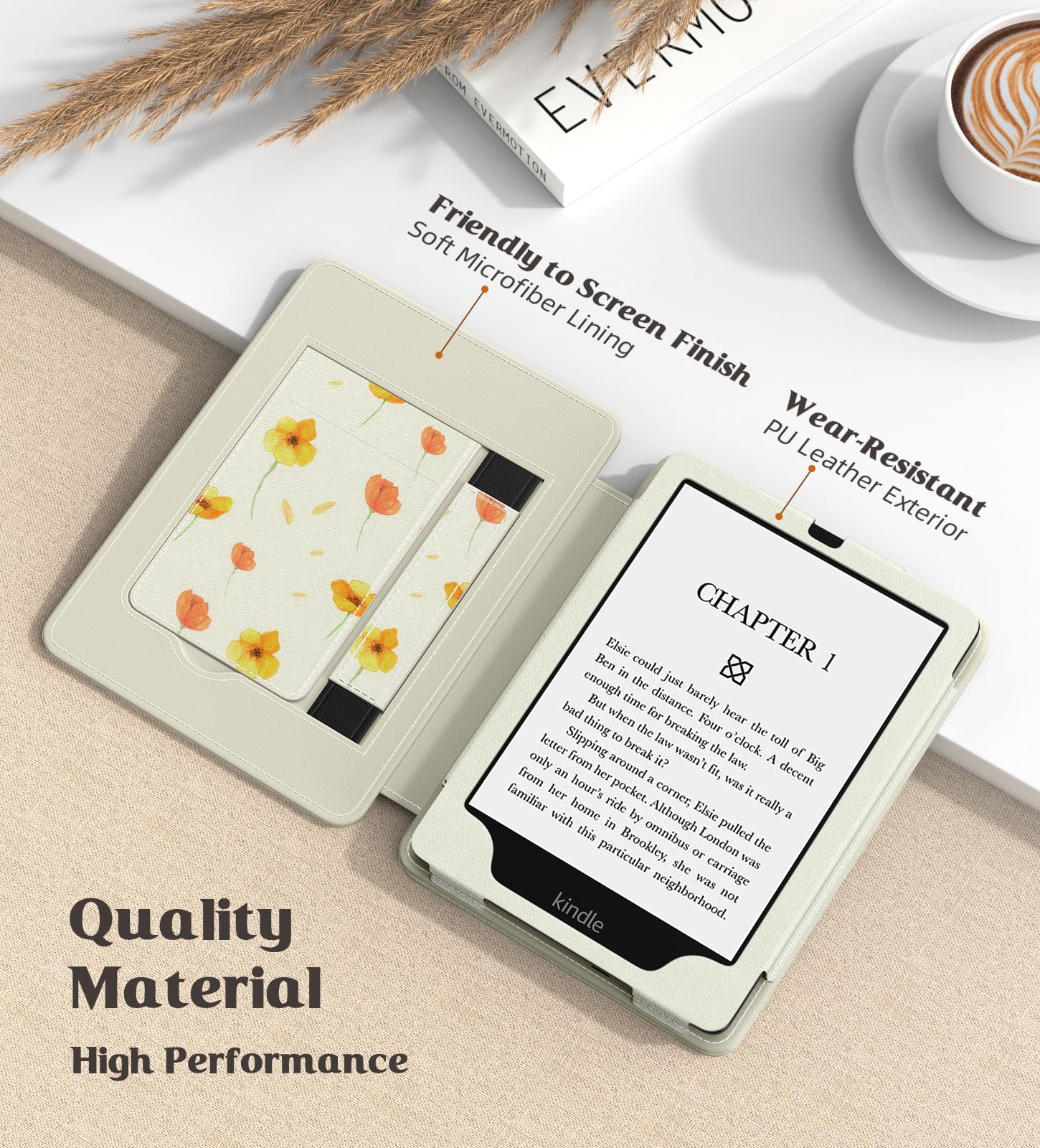 MoKo Case for 7'/6.8' Kindle Paperwhite(12th/11th Generation 2024/2021) and Kindle Colorsoft Signature Edition,Slim PU Shell Cover Case with Auto Wake/Sleep for Kindle Paperwhite 2024,Flowers on White