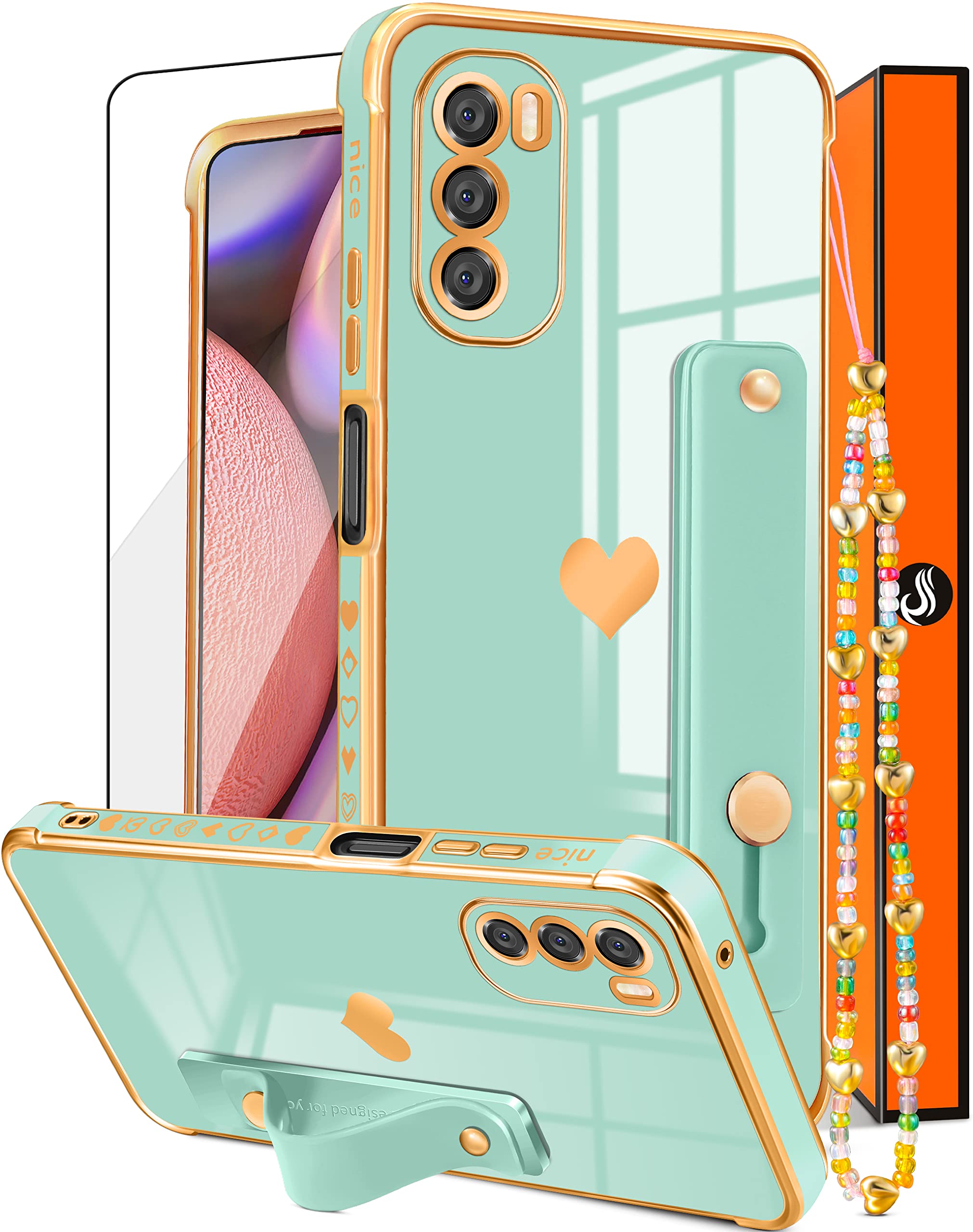 Likiyami (3In1 For Moto G 5G 2022 Case Heart For Women Girls Girly Cute Pretty With Stand Phone Cases Mint Green Gold Plating Lo