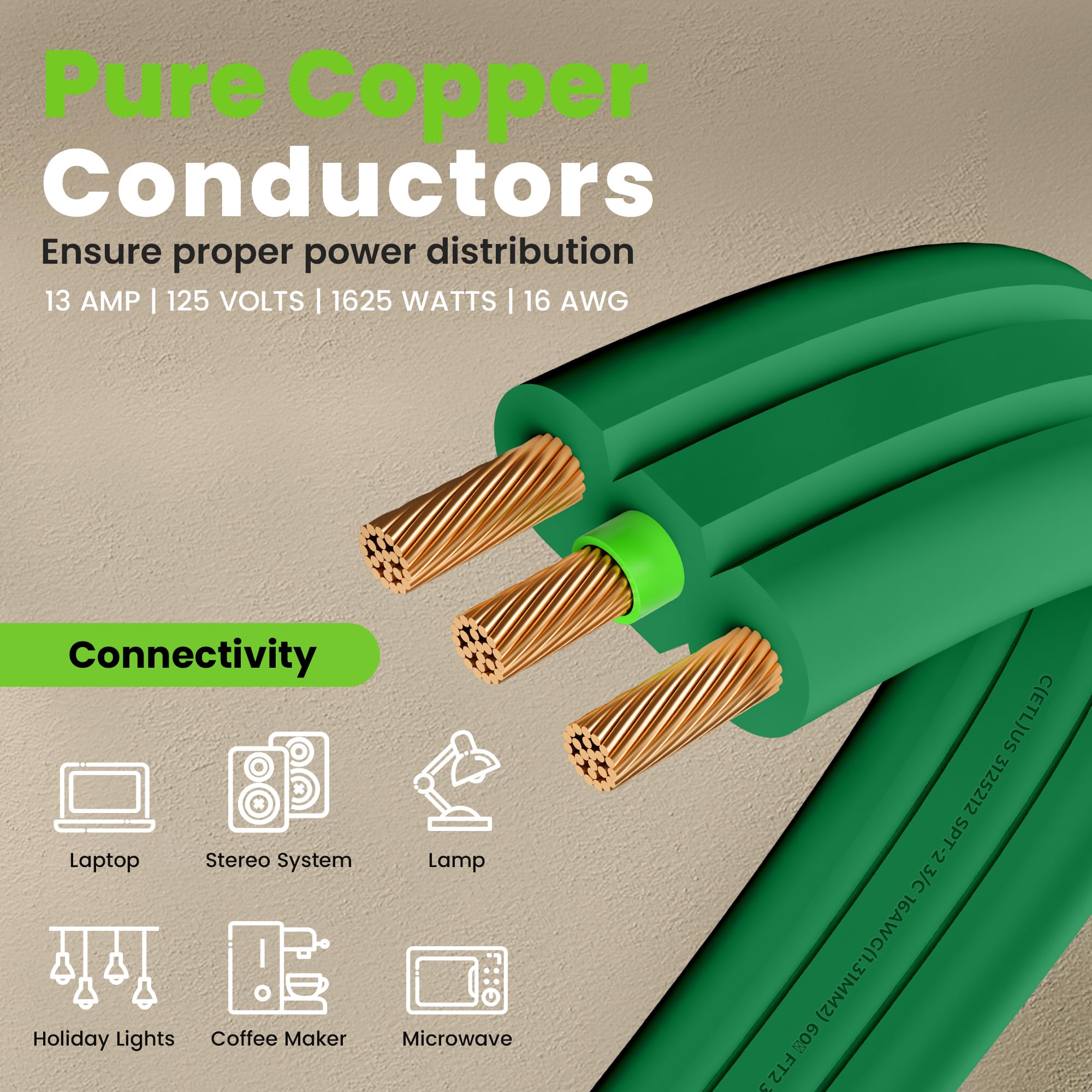 Gearit 360 Rotating Flat Plug Extension Cord With 3 Outlets (10Ft, Green) 16Awg/13A 3 Prong Wire, Outlet Saver For Home Office D