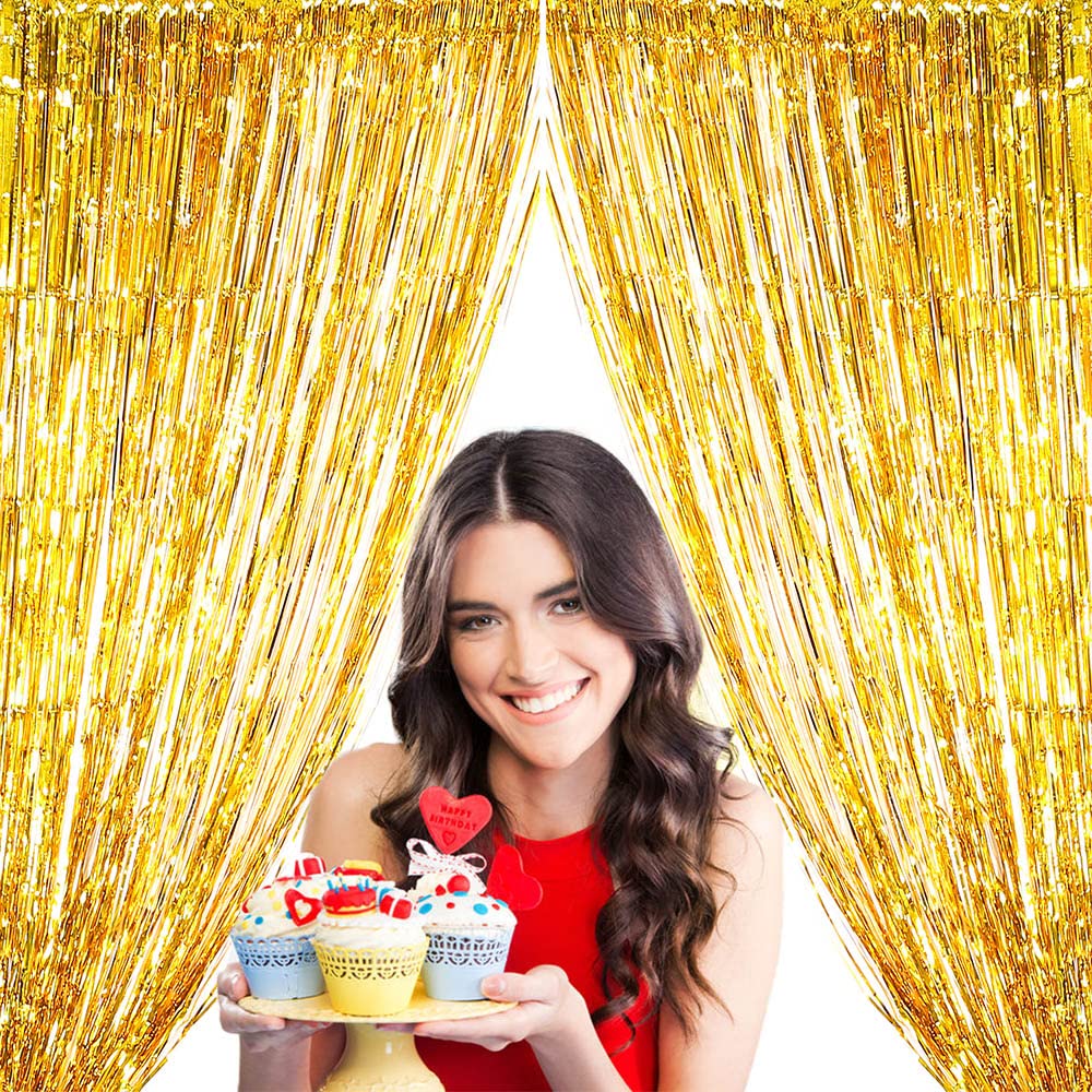 Gold Backdrop Fringe Curtain For Party Decor  6.5X6.5Ft, Pack Of 2 | Gold Foil Curtain Backdrop Tinsel Streamers For Bachelorett