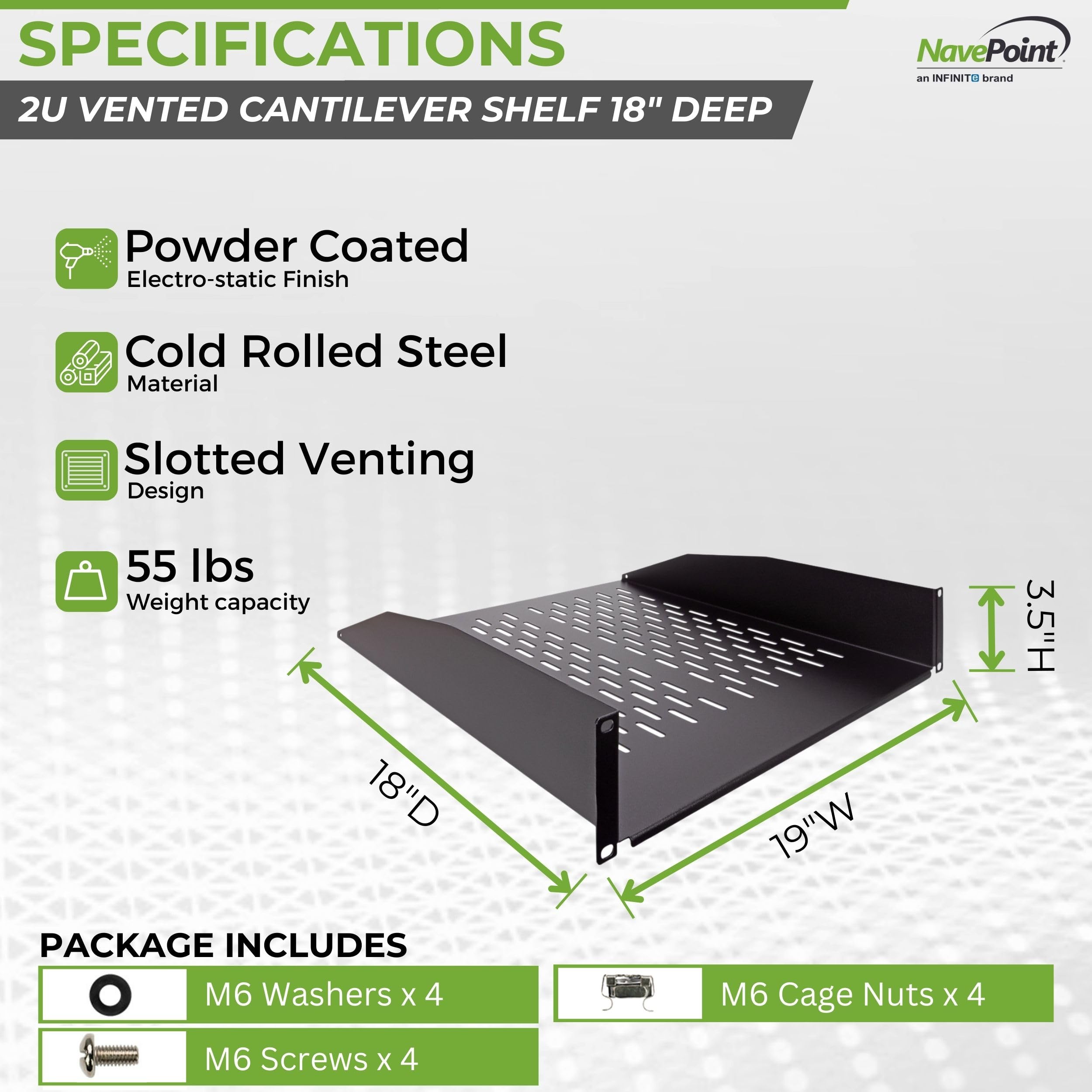 Navepoint 2U 19 Inch Universal Vented Rack Mount Cantilever Fixed Server Cabinet Shelf 18 Inches Deep Black