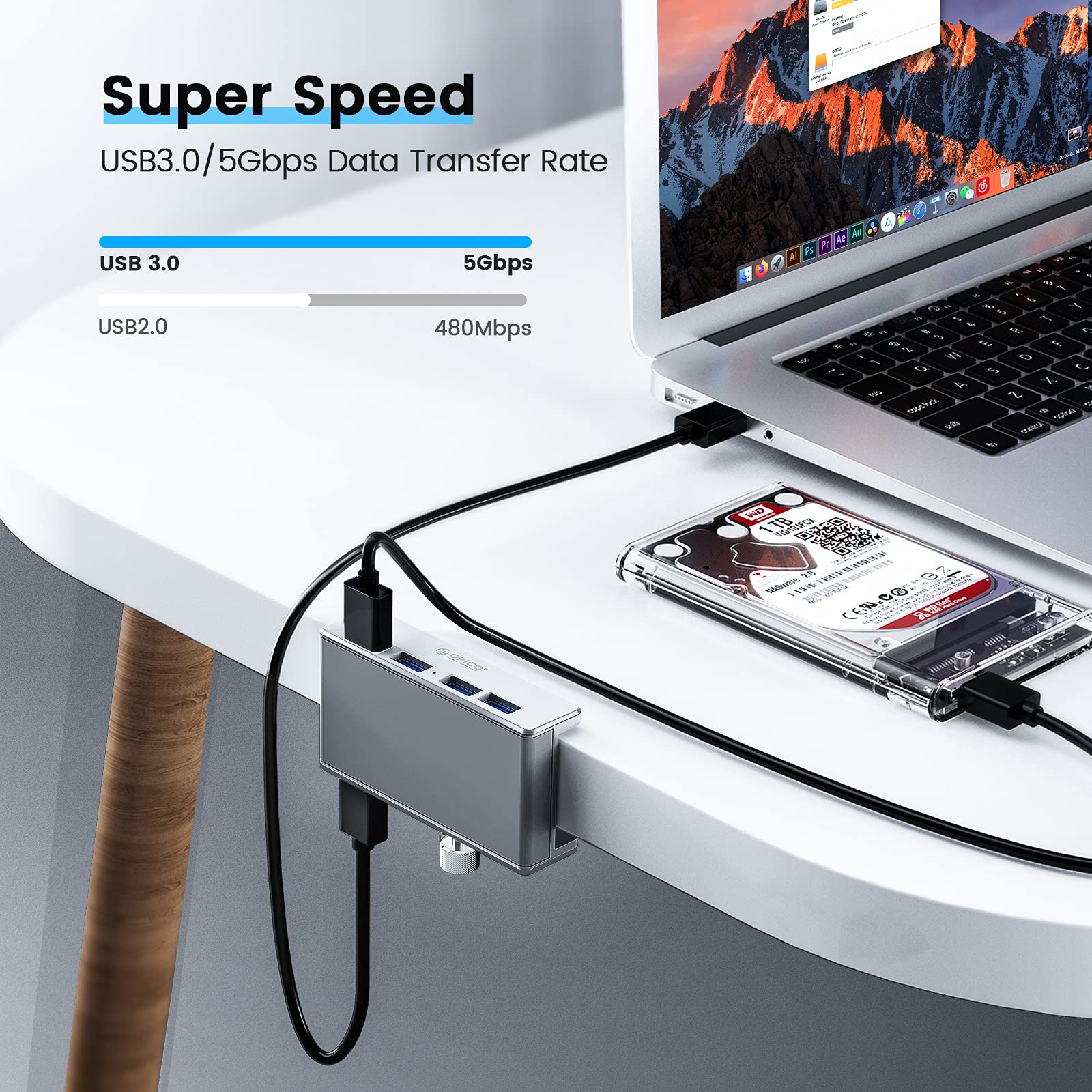 ORICO USB 3.0 Hub, USB Hub Clamp, Aluminum 4 Port USB Splitter with Extra Power Supply Port and 4.92 FT USB A to USB A and USB A to USB C Cable, Desktop Powered USB Hub for Monitors/Desks Silver