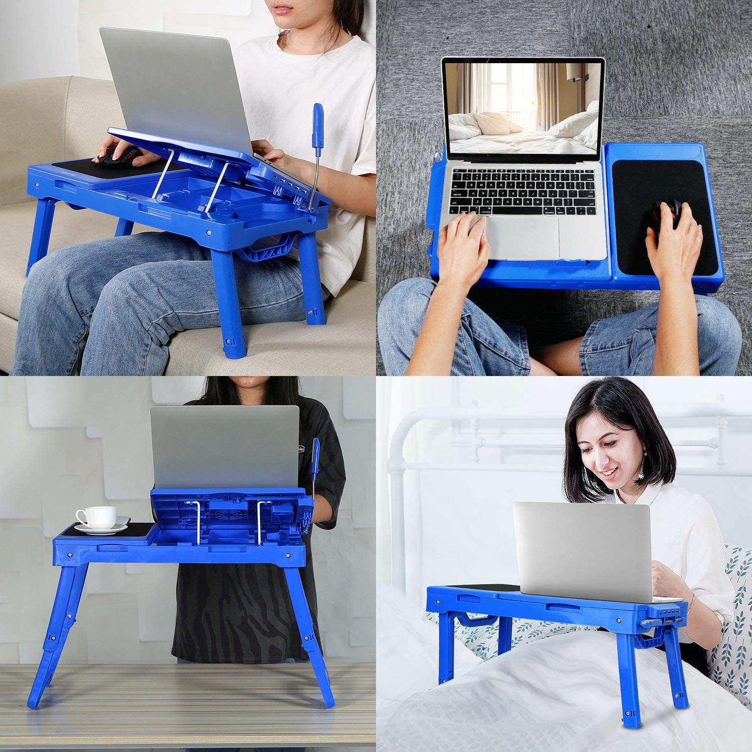 Teqhome Laptop Table For Bed, Adjustable Laptop Bed Desk With Fan, 4 Usb Ports, Portable Lap Desk With Foldable Legs, Laptop Stand For Couch Sofa Bed Tray With Led Light, Storage, Mouse Pad   Blue